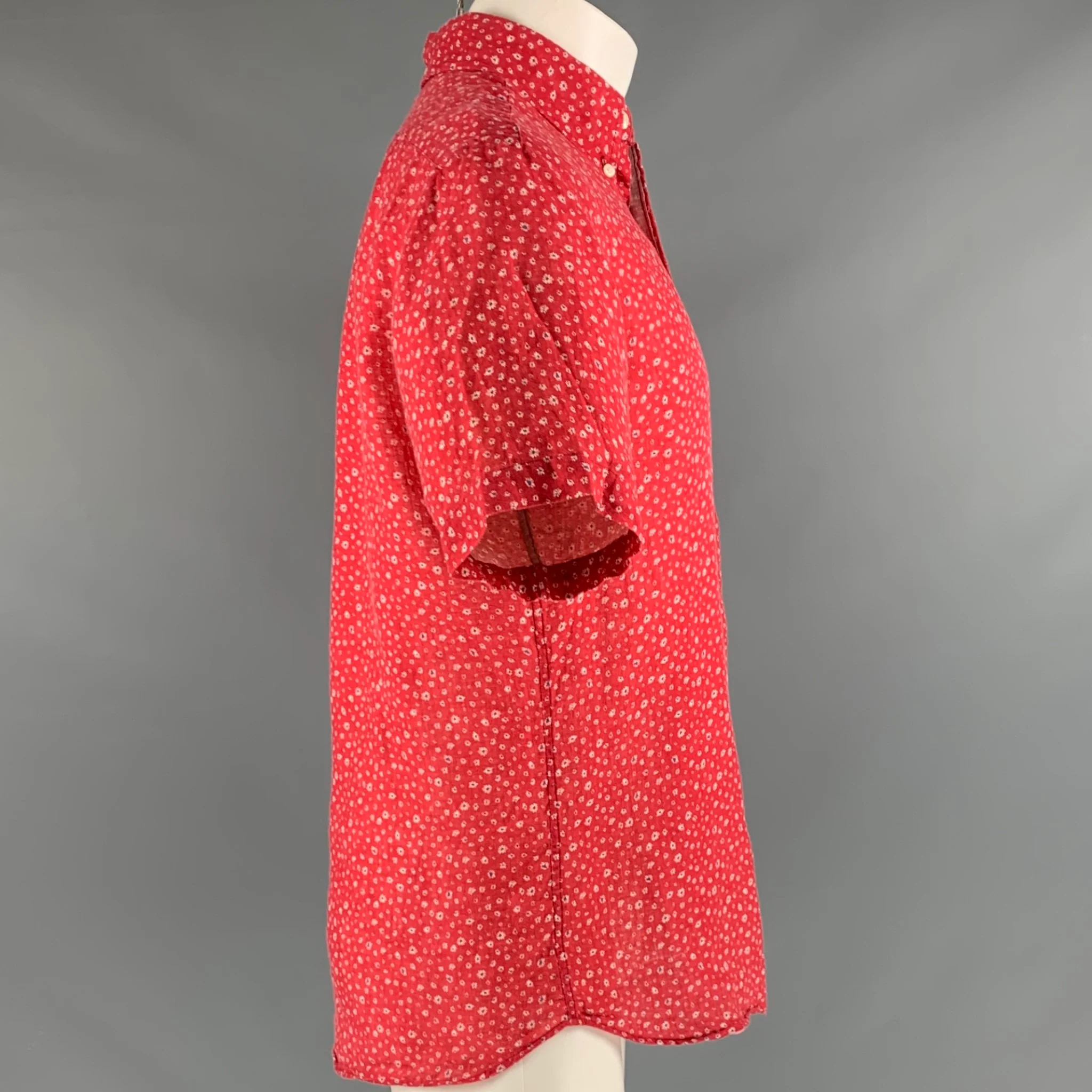 UNIONMADE Size M Red White Floral Linen Short Sleeve Shirt - Image 3