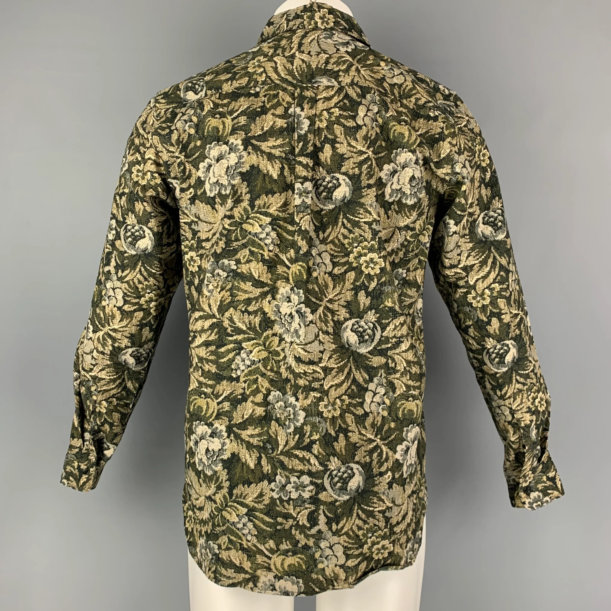 UNIS Size X-Small Green Olive Floral Cotton Long Sleeve Shirt - Image 4