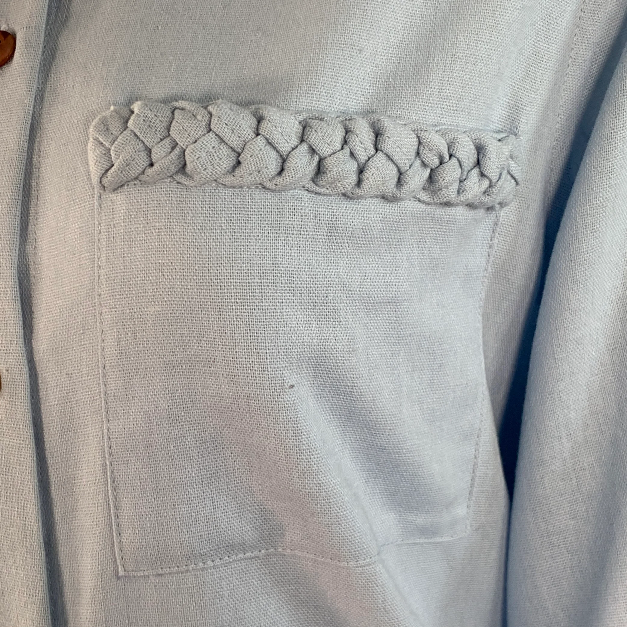 USISI.SISTER Size S Blue Cotton Linen One Pocket Braided Trim Blouse - Image 2