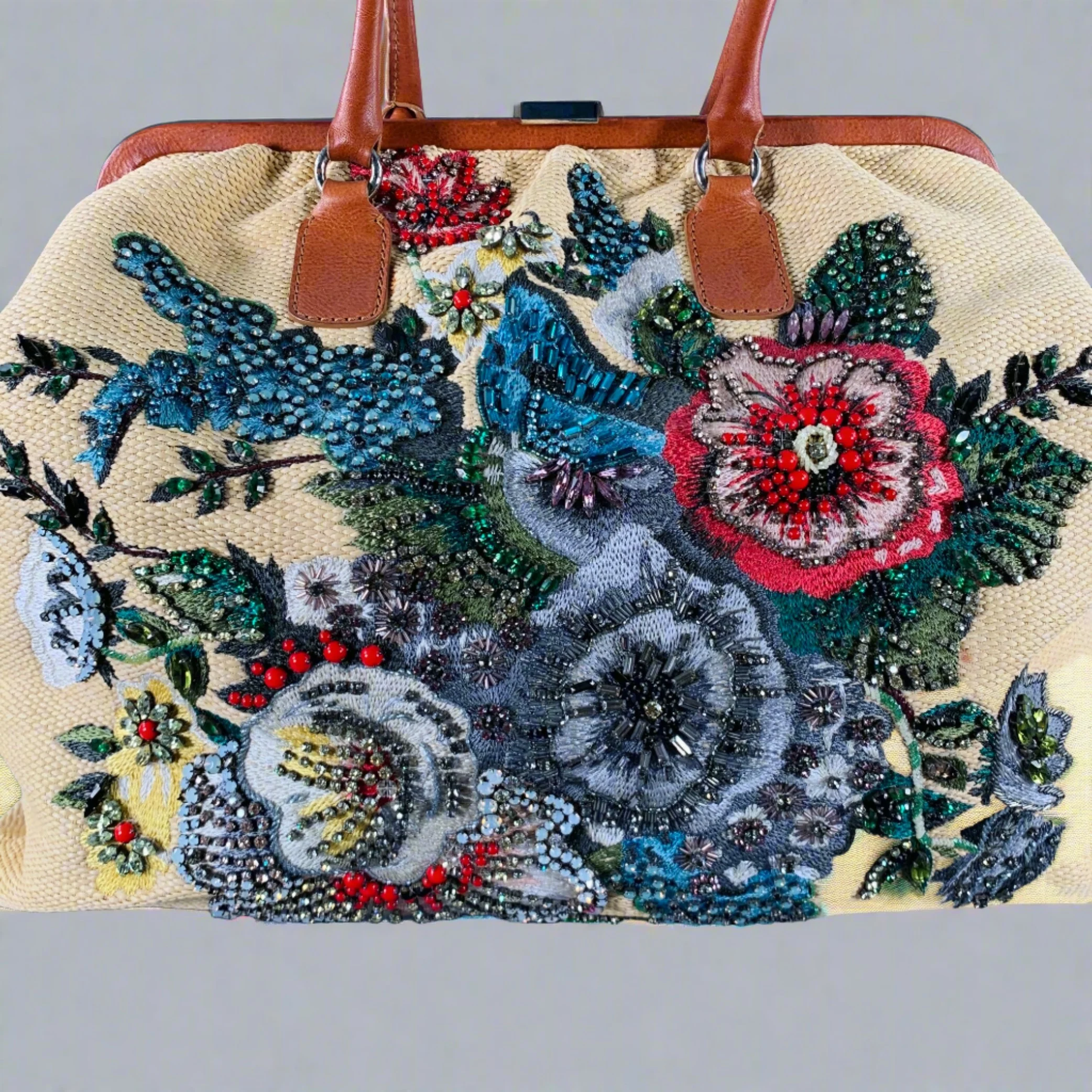 VALENTINO Beige Multi Color Woven Leather Beaded Raffia Handbag - Image 2
