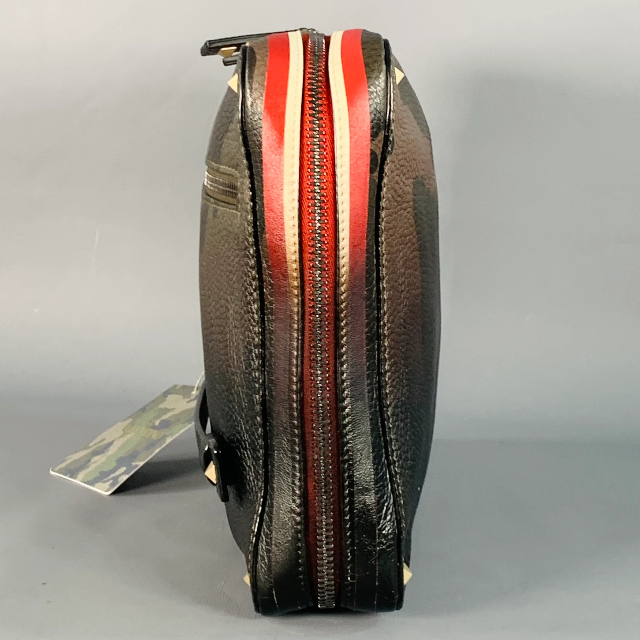 VALENTINO Brown Olive Camoflage Ombre Leather Zip Up Clutch - Image 3