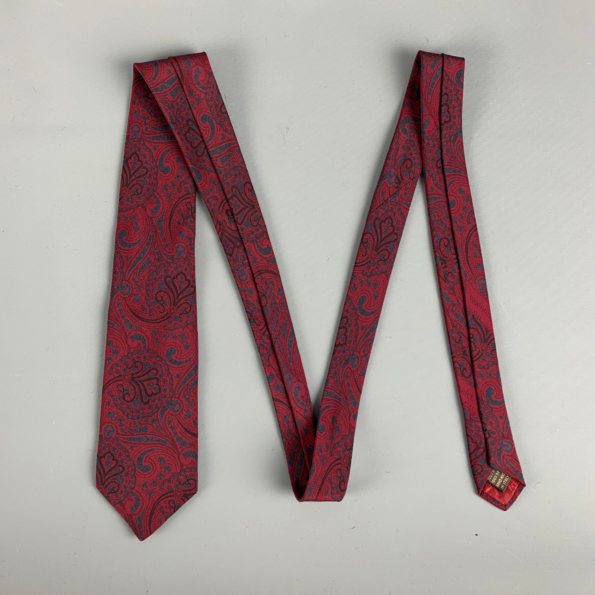 VALENTINO Burgundy Green Paisley Silk Tie - Image 3