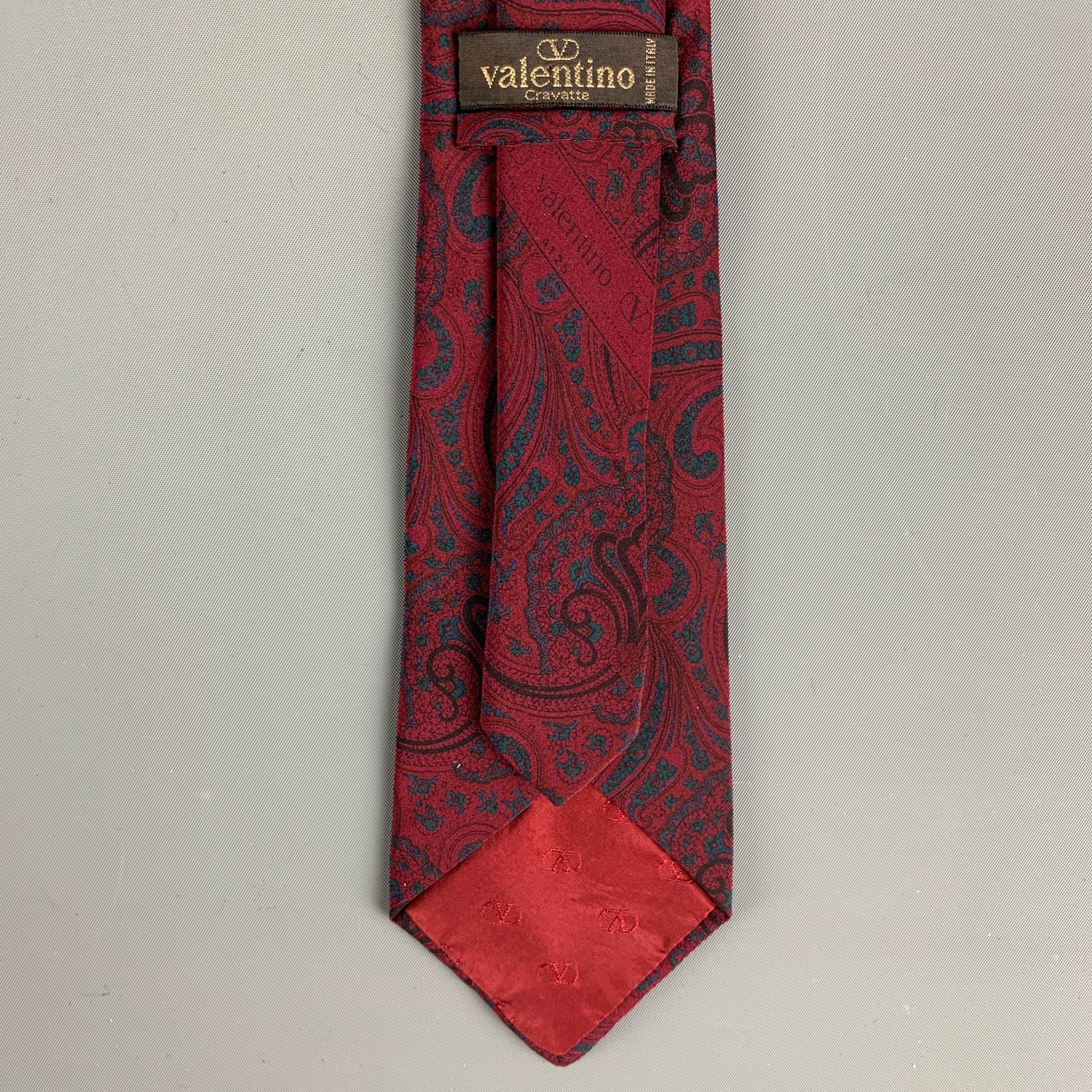 VALENTINO Burgundy Green Paisley Silk Tie - Image 4