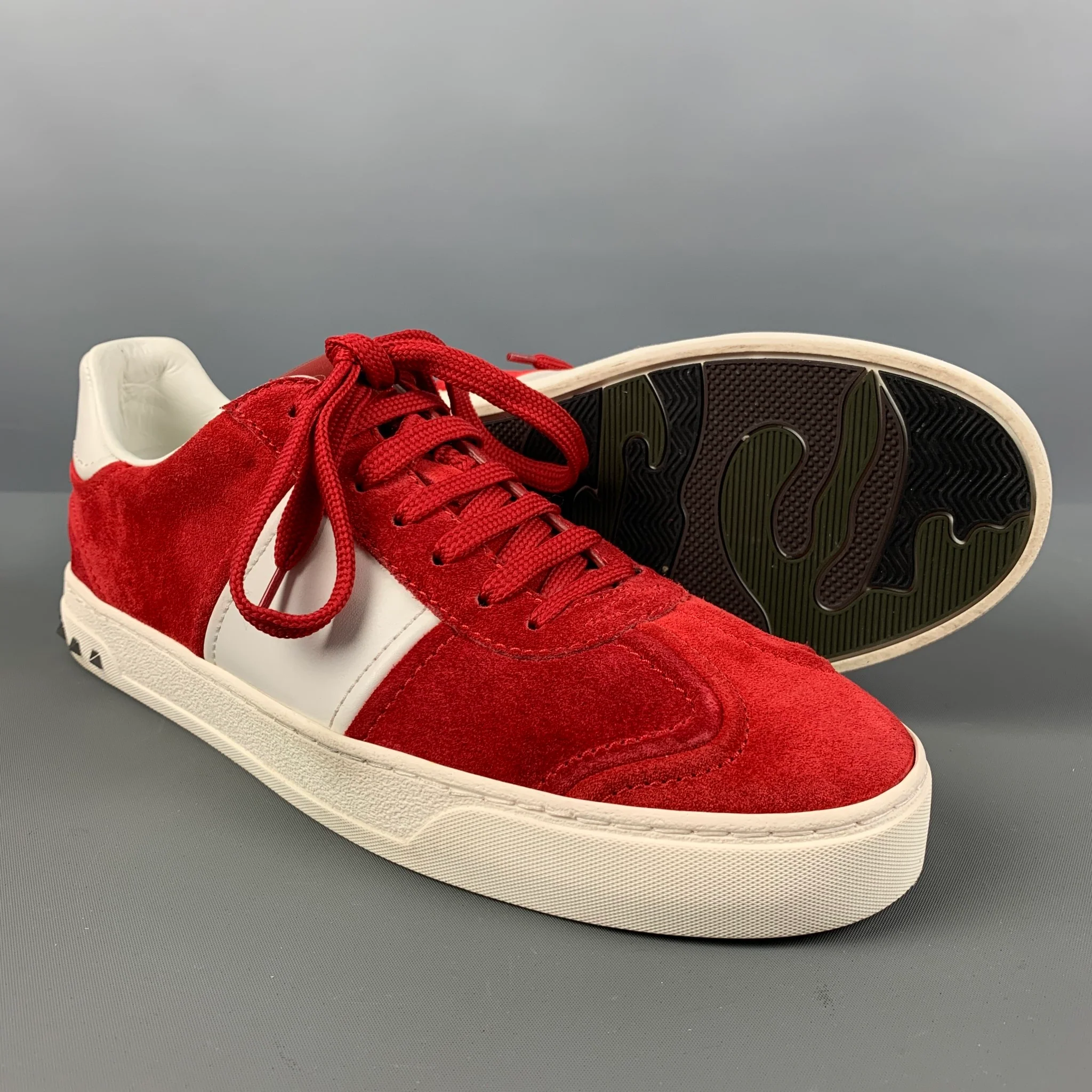 VALENTINO 'City Planet Rockstud' Size 8 Red White Studded Suede Sneakers - Image 5