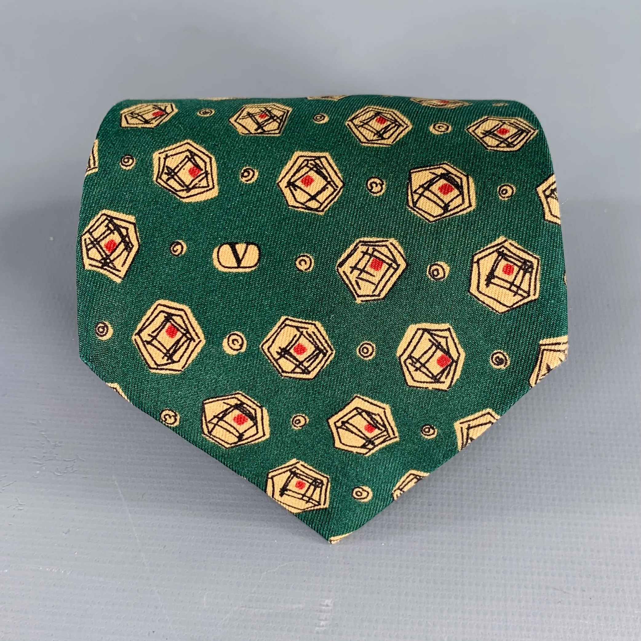 VALENTINO Green Beige Dots Silk Tie