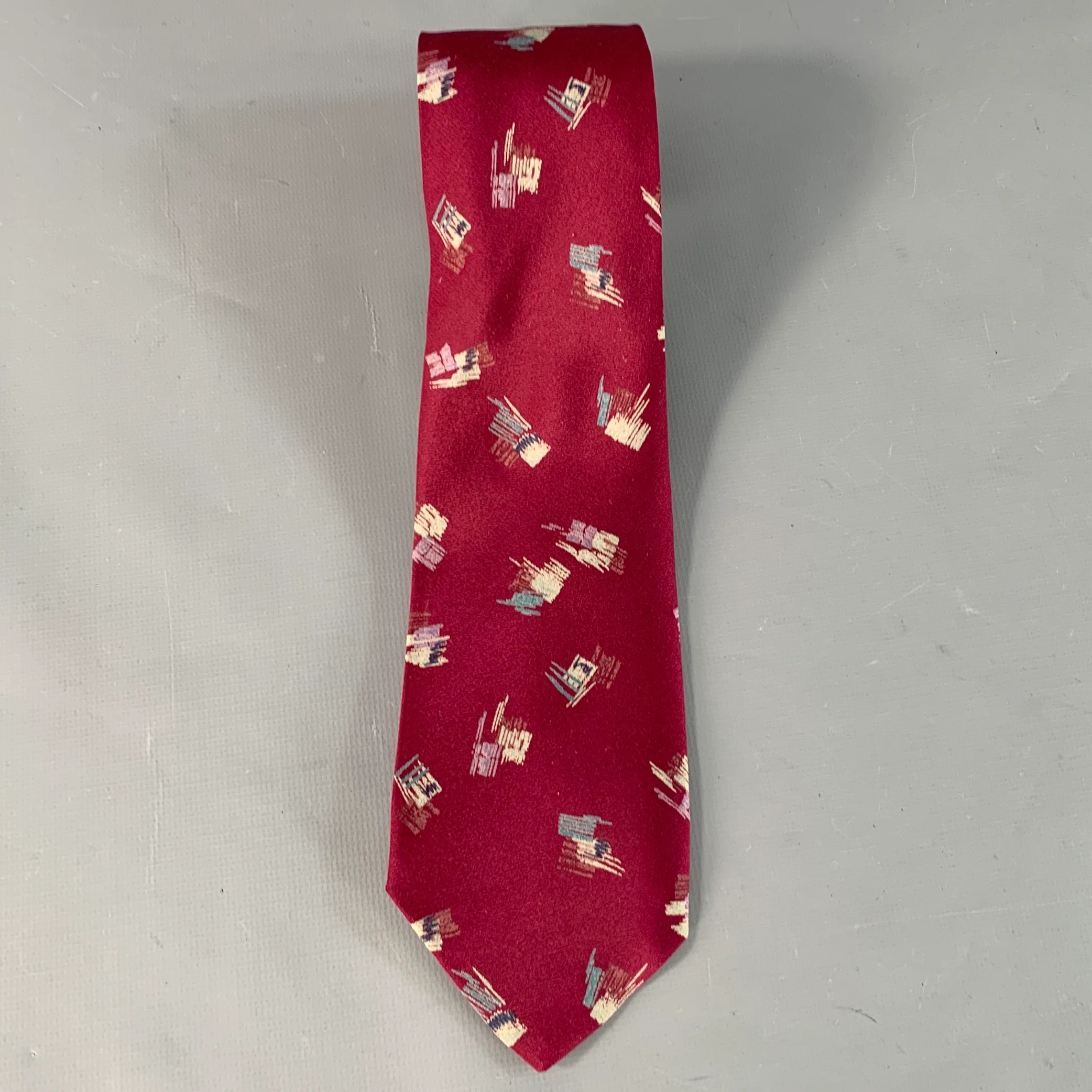 VALENTINO One Size Burgundy Grey Abstract Silk Tie - Image 2