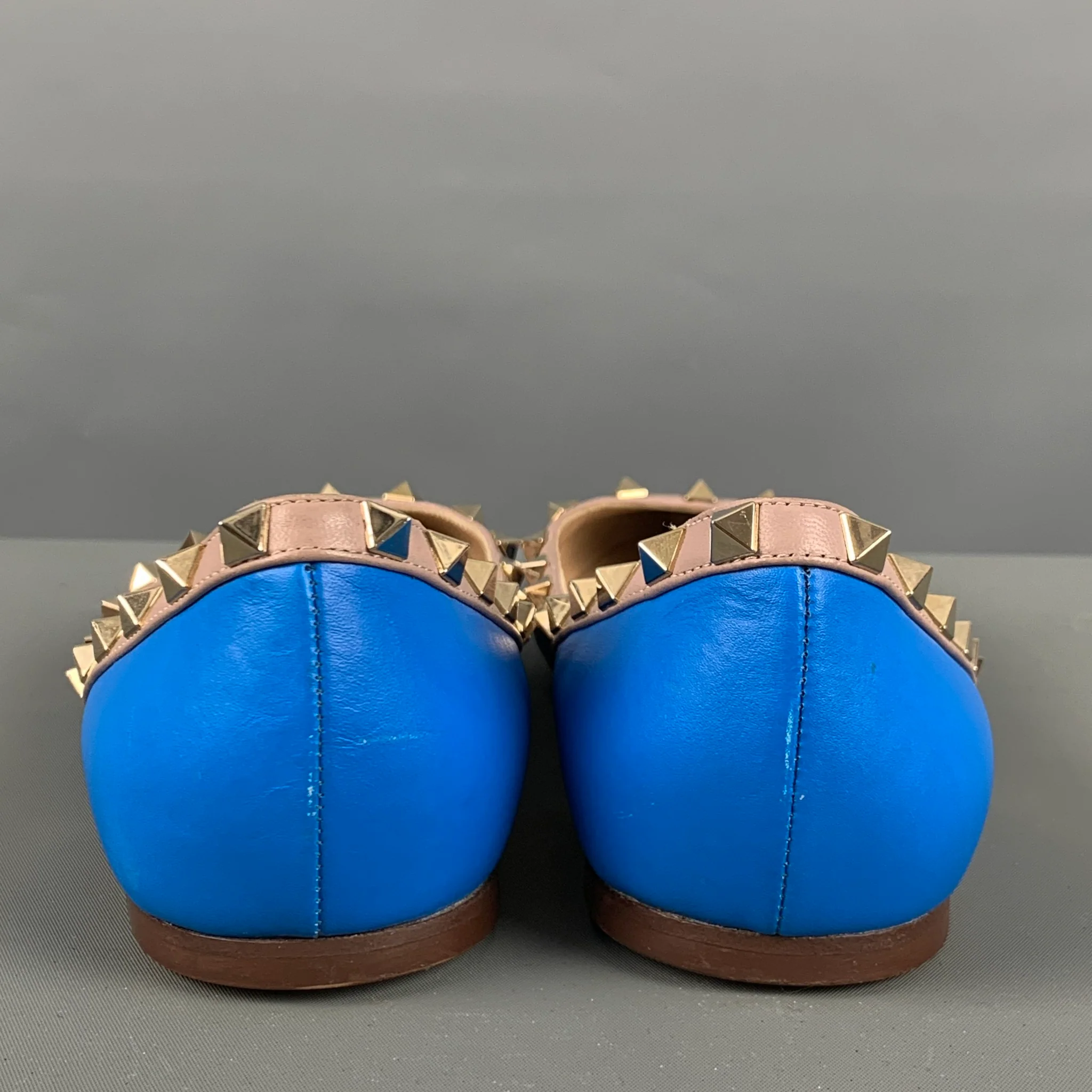 VALENTINO Size 10 Blue Nude Leather Contrast trim Flats - Image 3