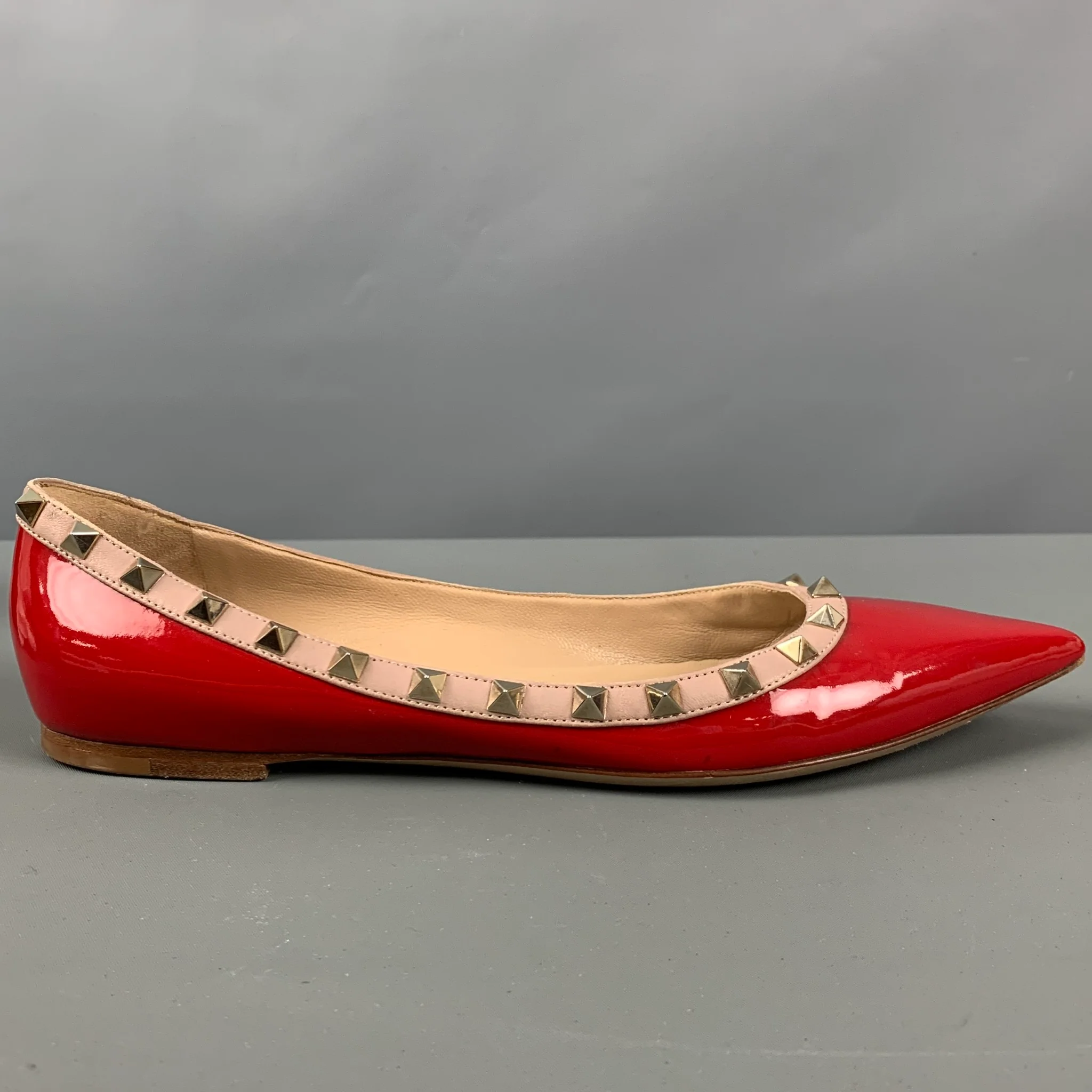 VALENTINO Size 10 Red Nude Patent Leather Studded Ballet Flats - Image 2