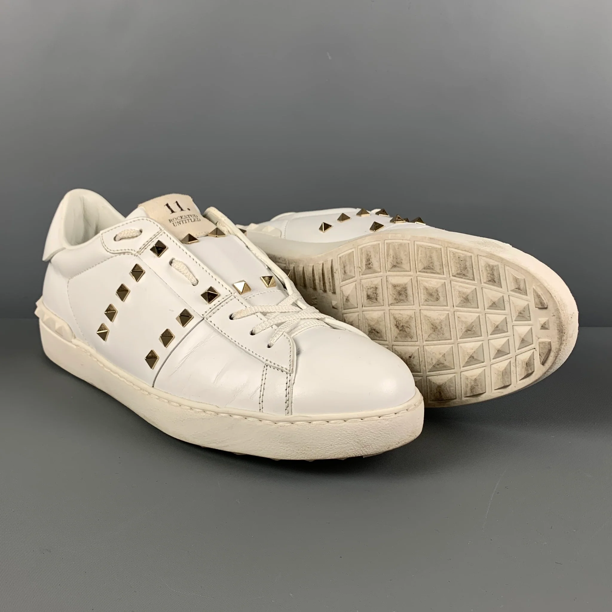 VALENTINO Size 11 White Studded Leather Lace Up Rockstud Sneakers - Image 3