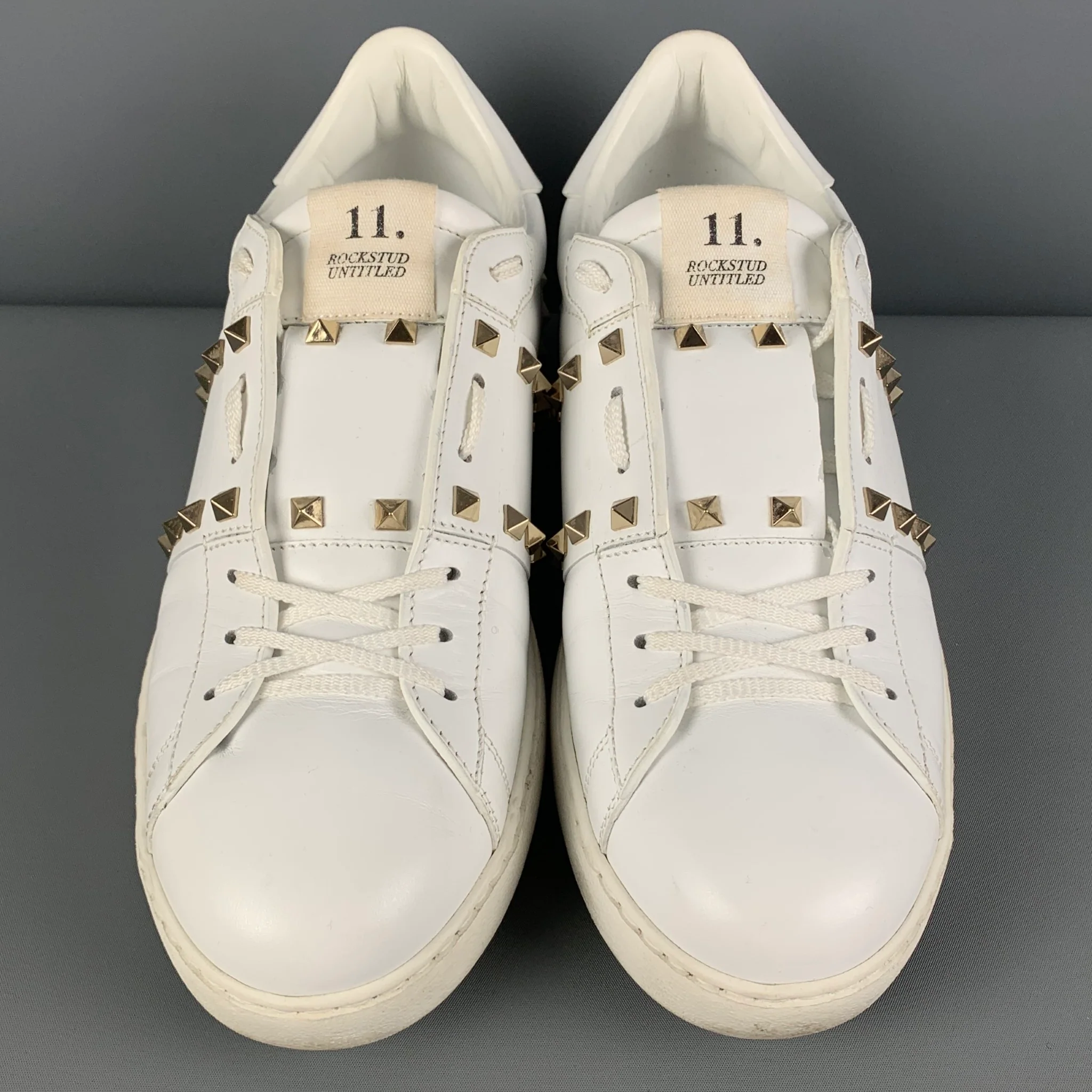 VALENTINO Size 11 White Studded Leather Lace Up Rockstud Sneakers - Image 4
