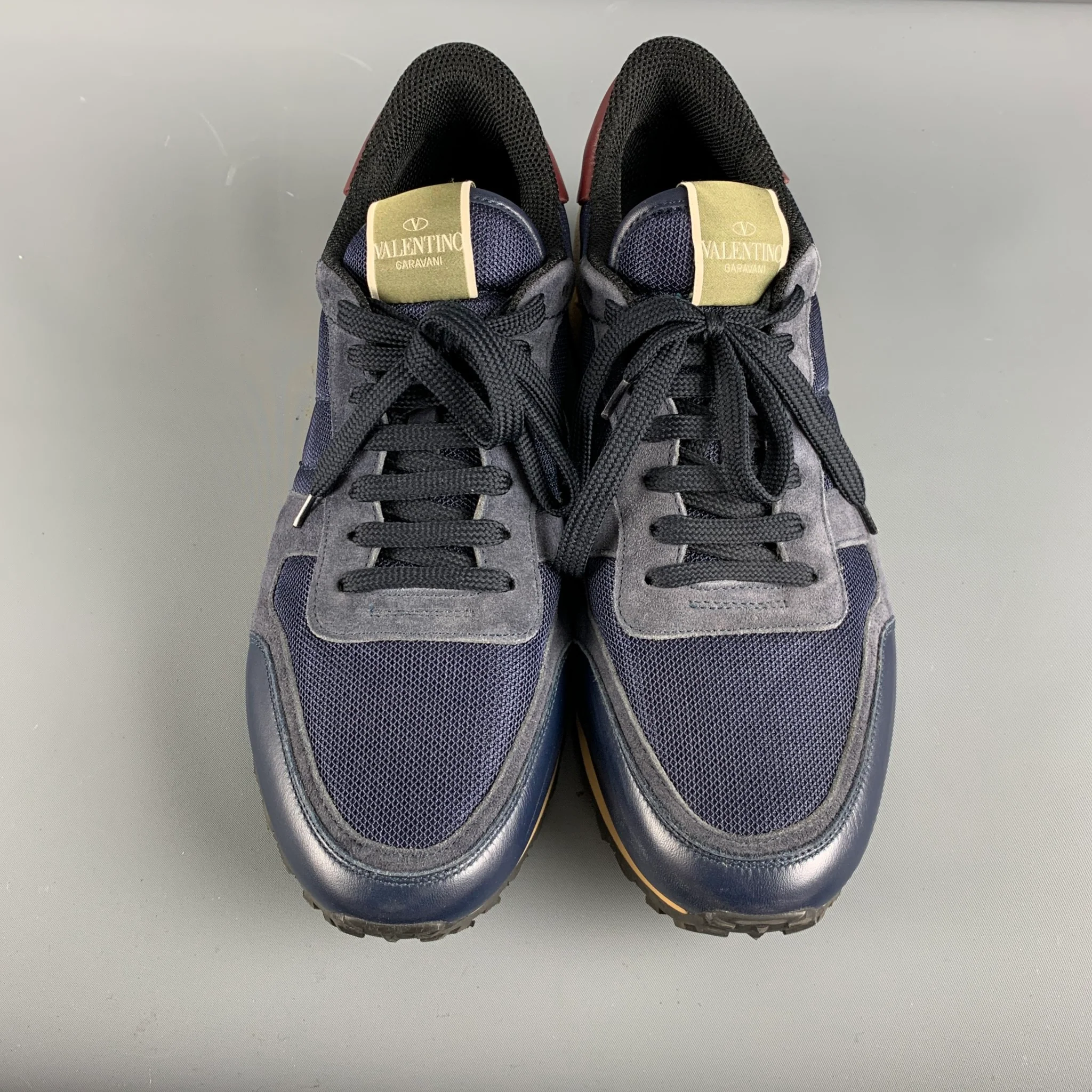 VALENTINO Size 12 Navy Mixed Materials Leather Lace Up Sneakers - Image 4