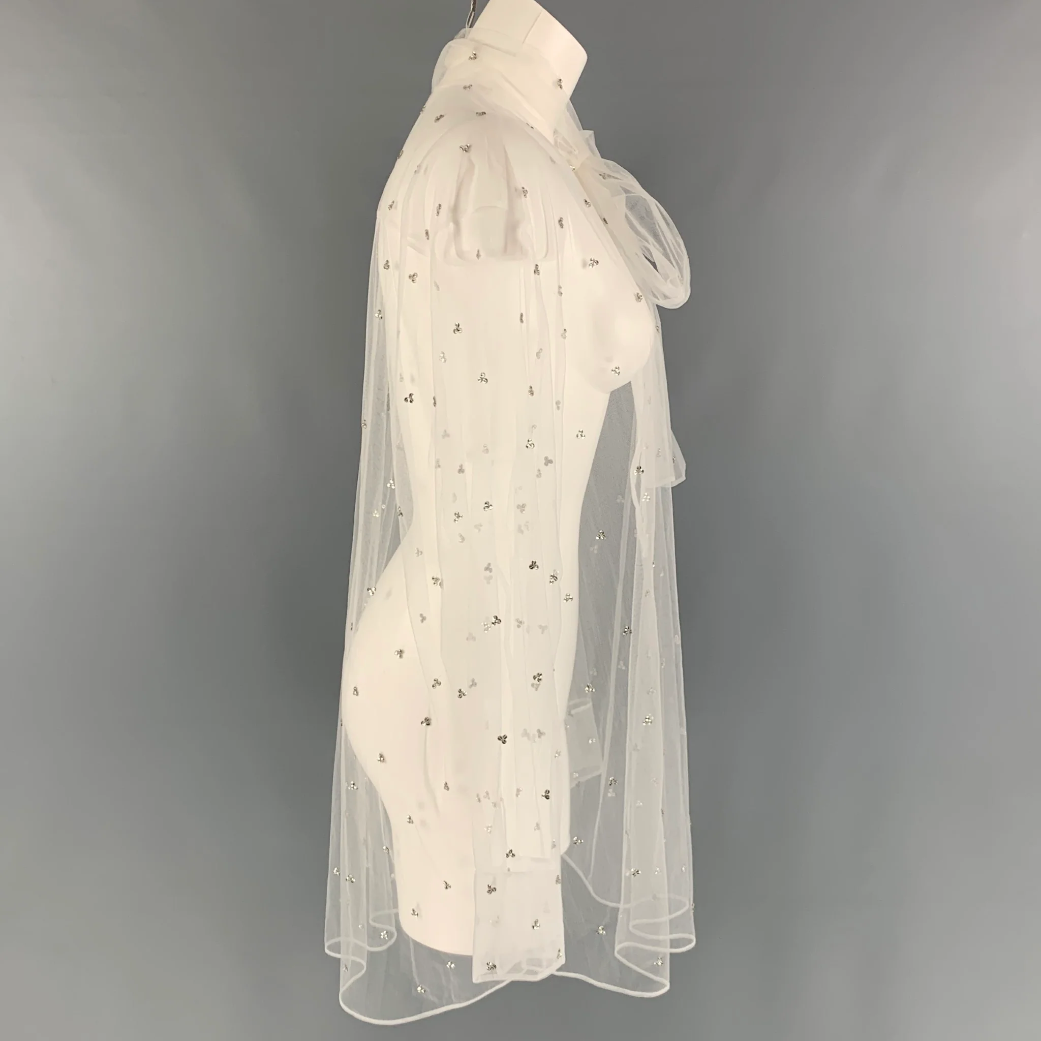 VALENTINO Size 12 White Polyamide See Through Bow Blouse - Image 2