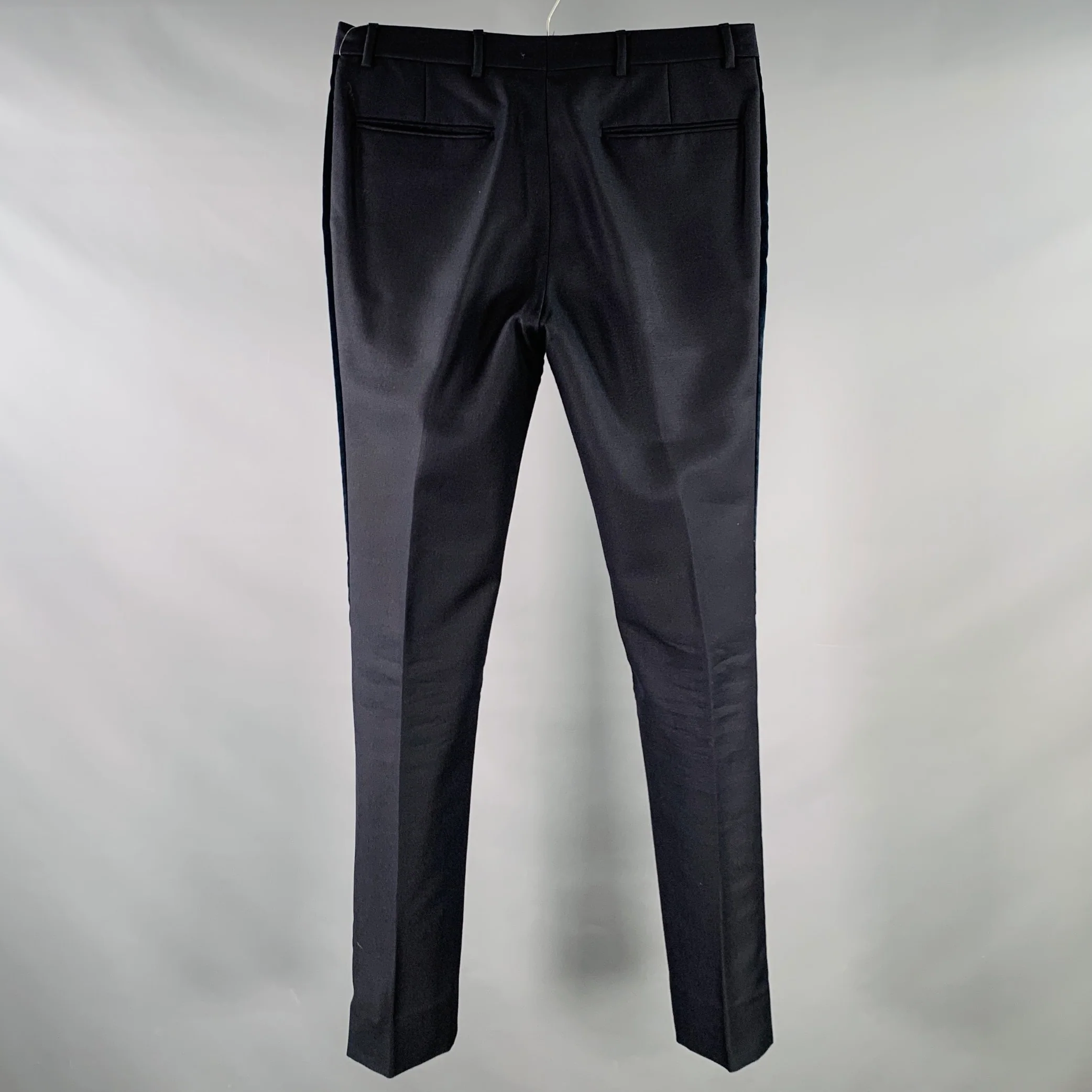 VALENTINO Size 32 Navy Wool Mohair Velvet Stripe Pleated Button Fly Tuxedo Dress Pants - Image 2