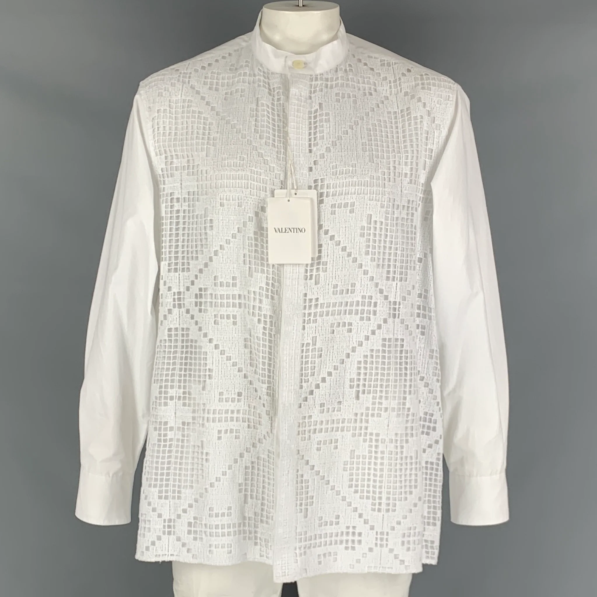 VALENTINO Size 34 White Guipure Cotton Collarless Long Sleeve Shirt