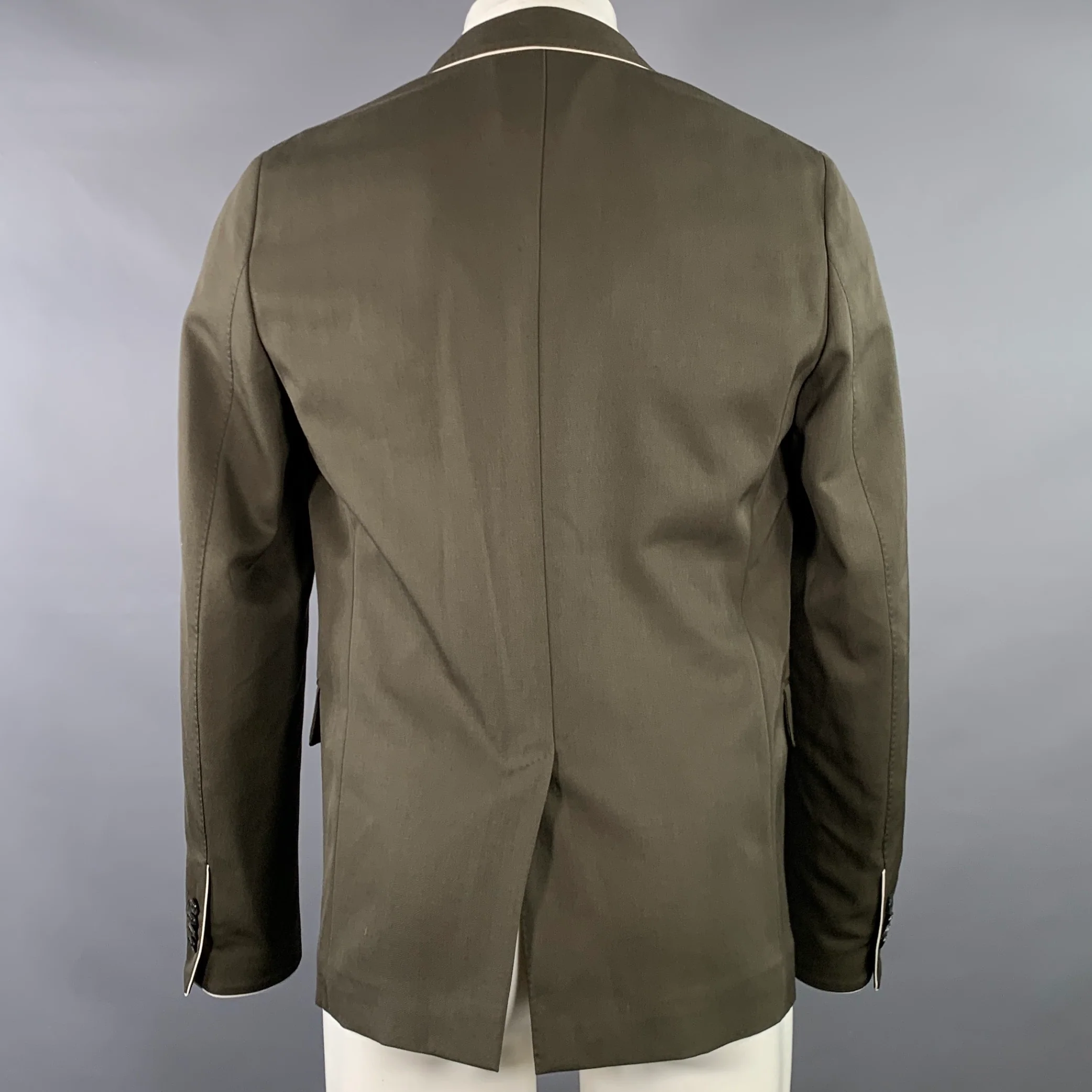 VALENTINO Size 36 Olive White Wool Twill Contrast Trim Notch Lapel Sport Coat - Image 3