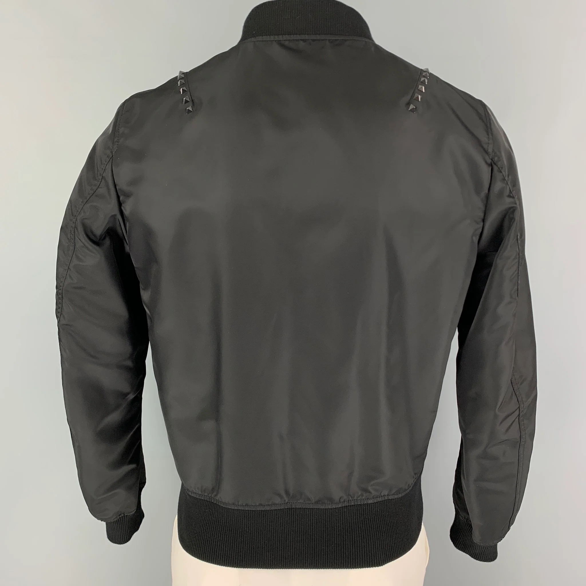 VALENTINO Size 40 Black Studded Polyamide Bomber Jacket - Image 3