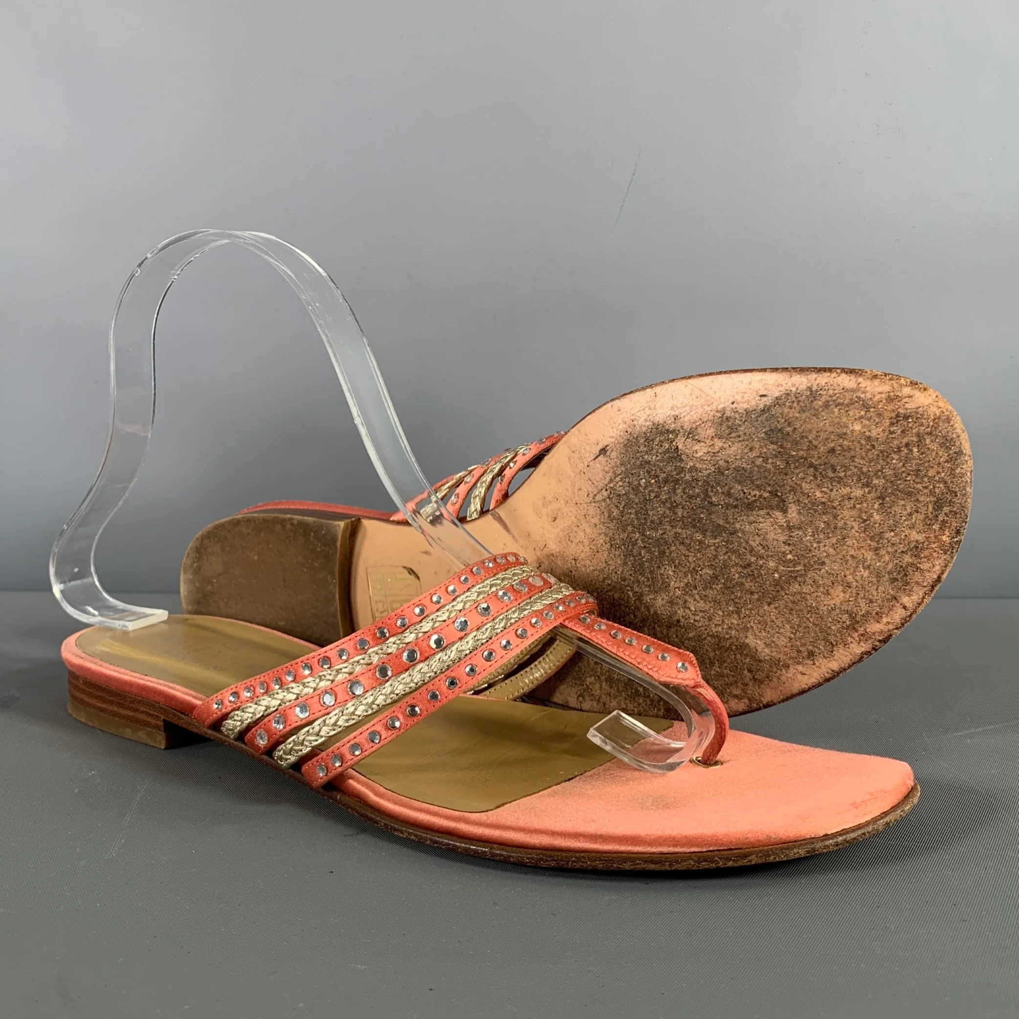 VALENTINO Size 8 Pink Silver Silk Rhinestones Thong Flats - Image 5