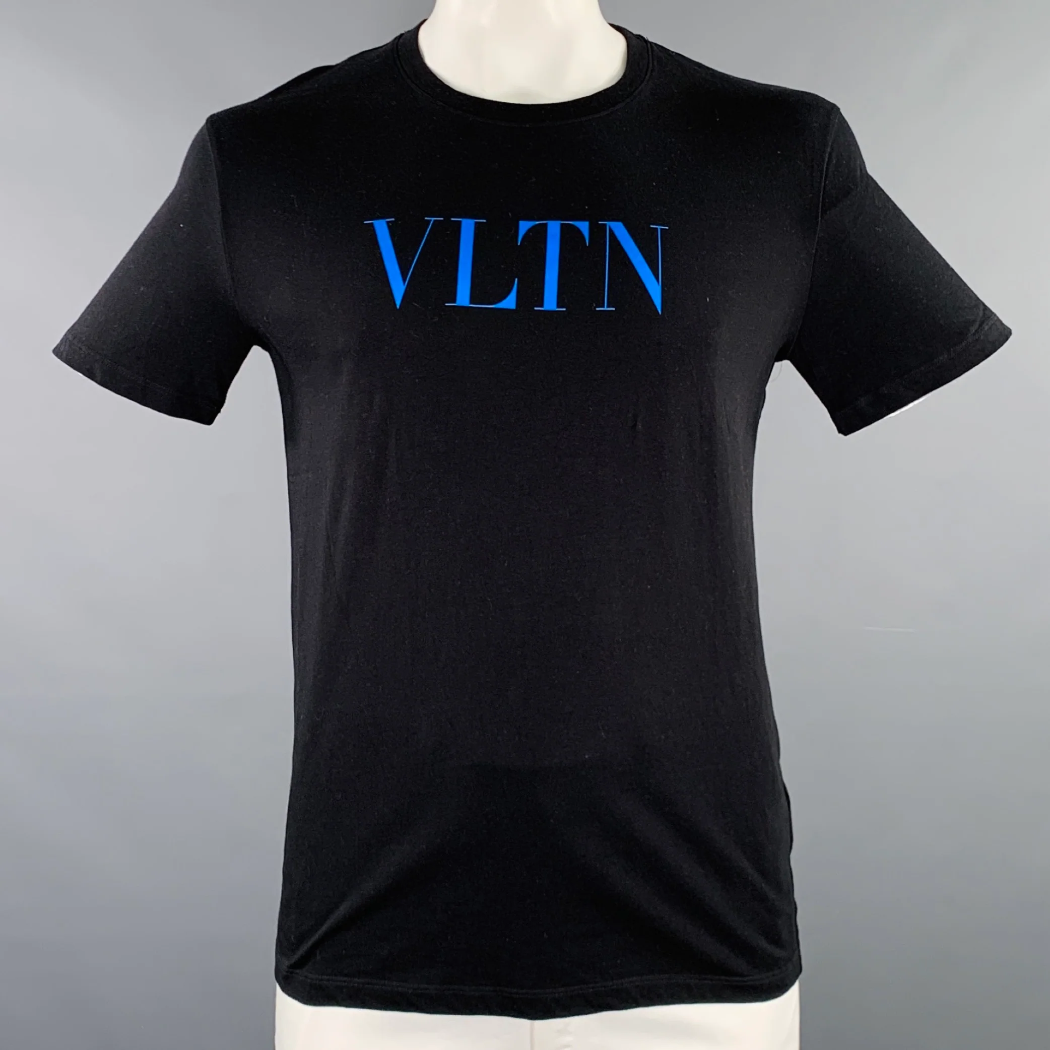 VALENTINO Size L Black Blue Logo Cotton Crew Neck T-shirt