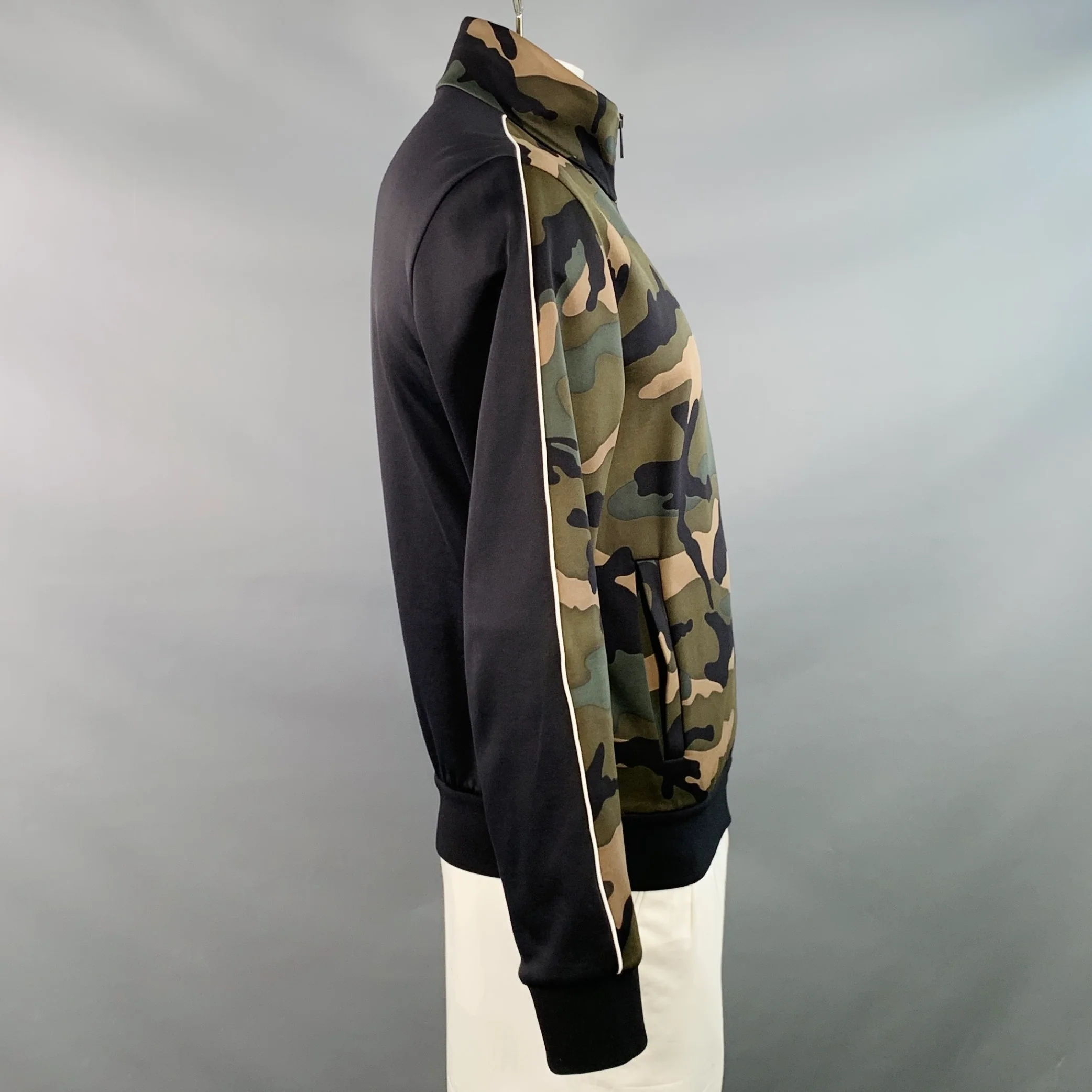 VALENTINO Size L Black Green Camo Polyamide Cotton Zip Up Sweatshirt - Image 3
