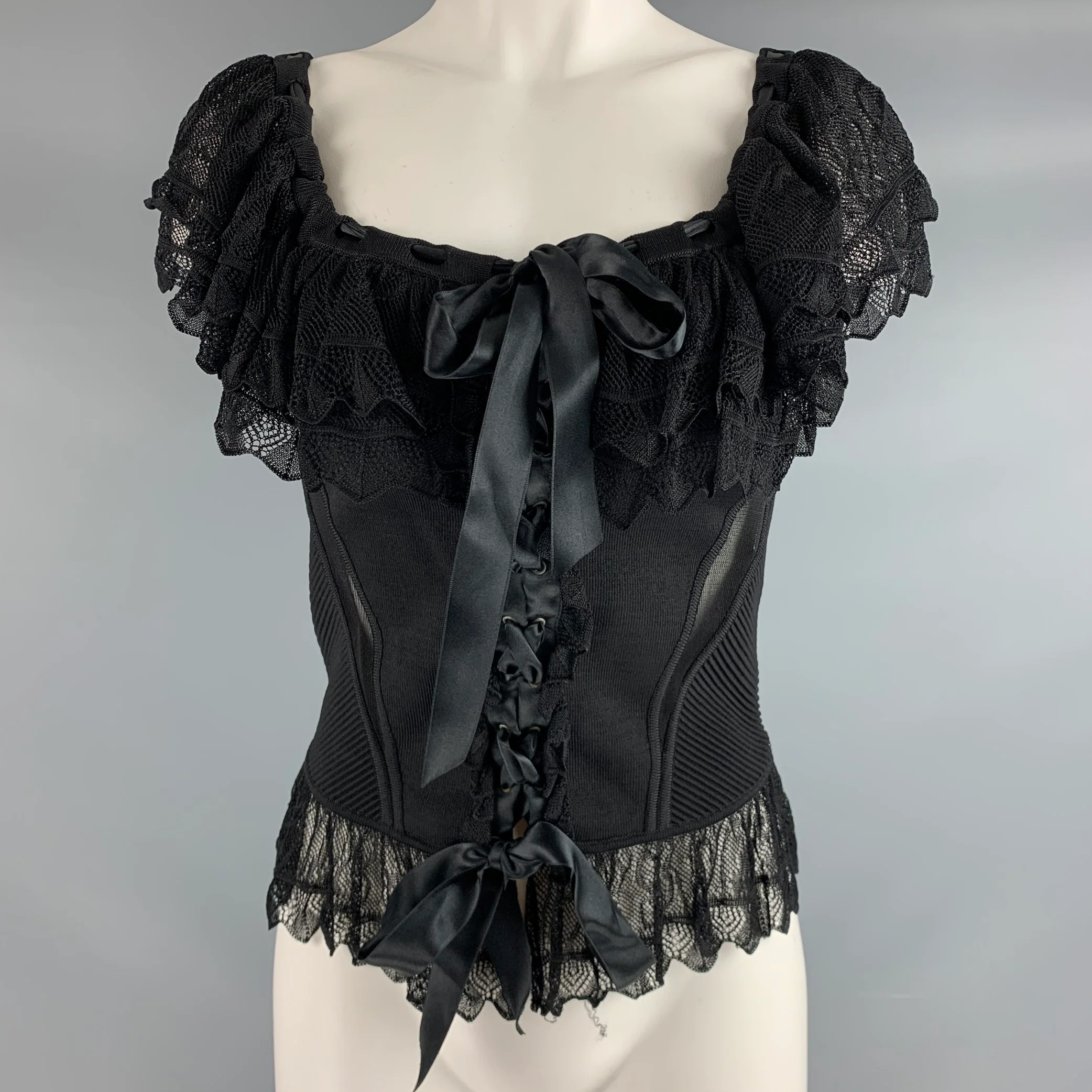 VALENTINO Size M Black Viscose Nylon Lace Up Dress Top