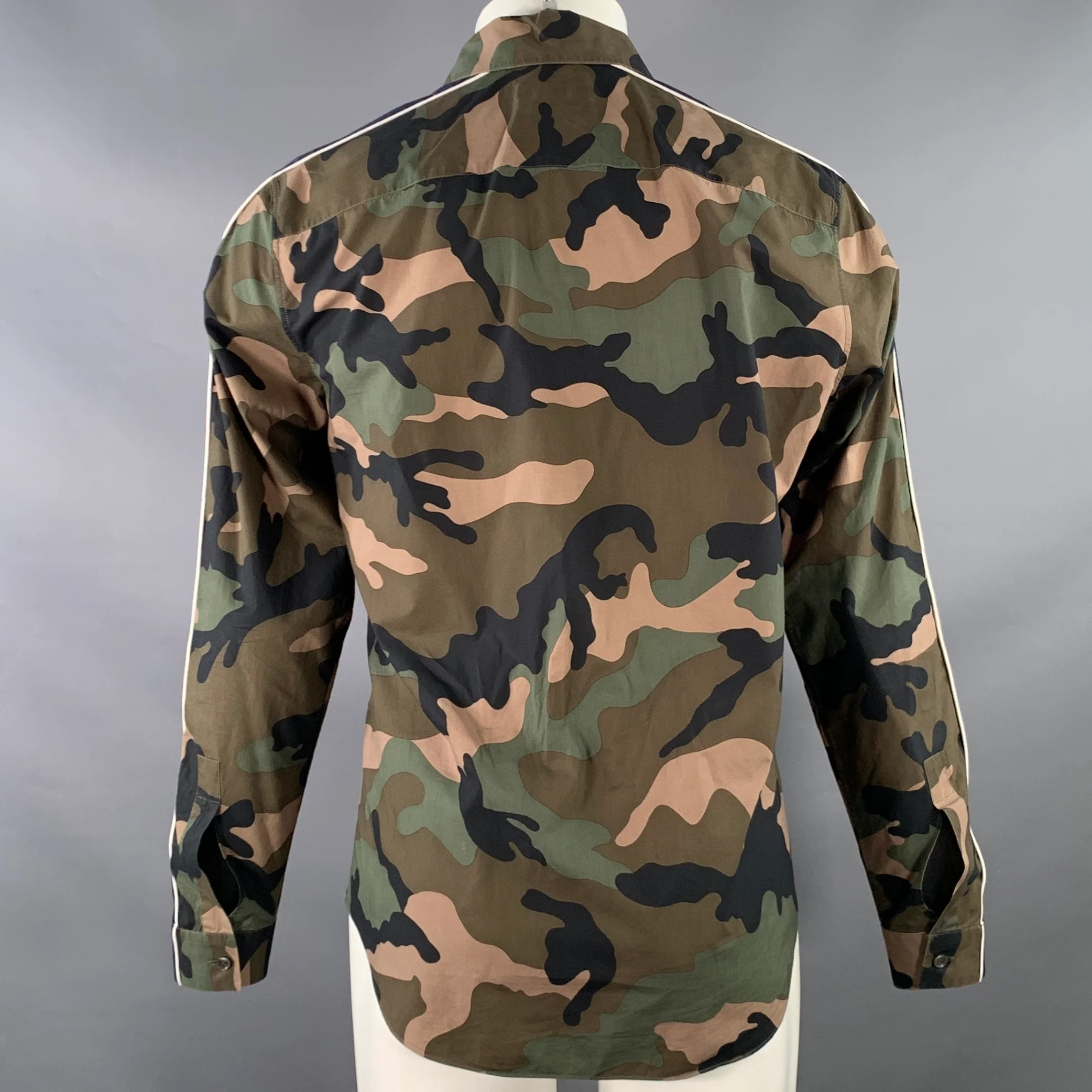 VALENTINO Size M Green Olive Blue Camouflage Cotton One Pocket Track Stripe Long Sleeve Shirt - Image 3