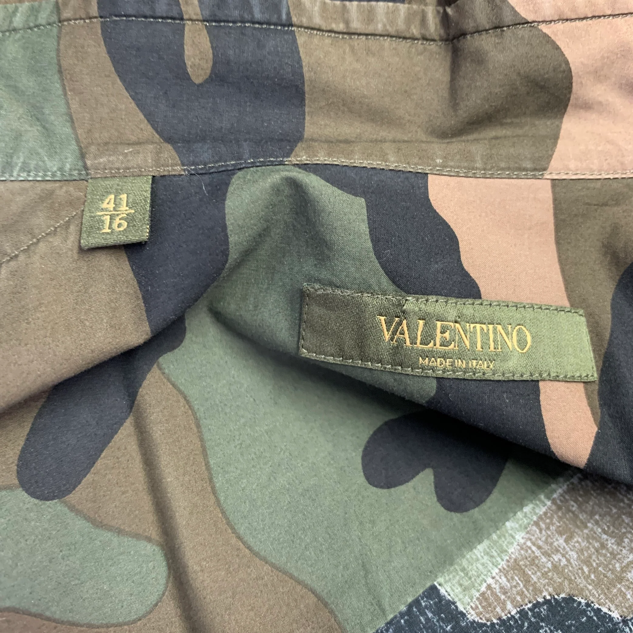 VALENTINO Size M Green Olive Blue Camouflage Cotton One Pocket Track Stripe Long Sleeve Shirt - Image 4