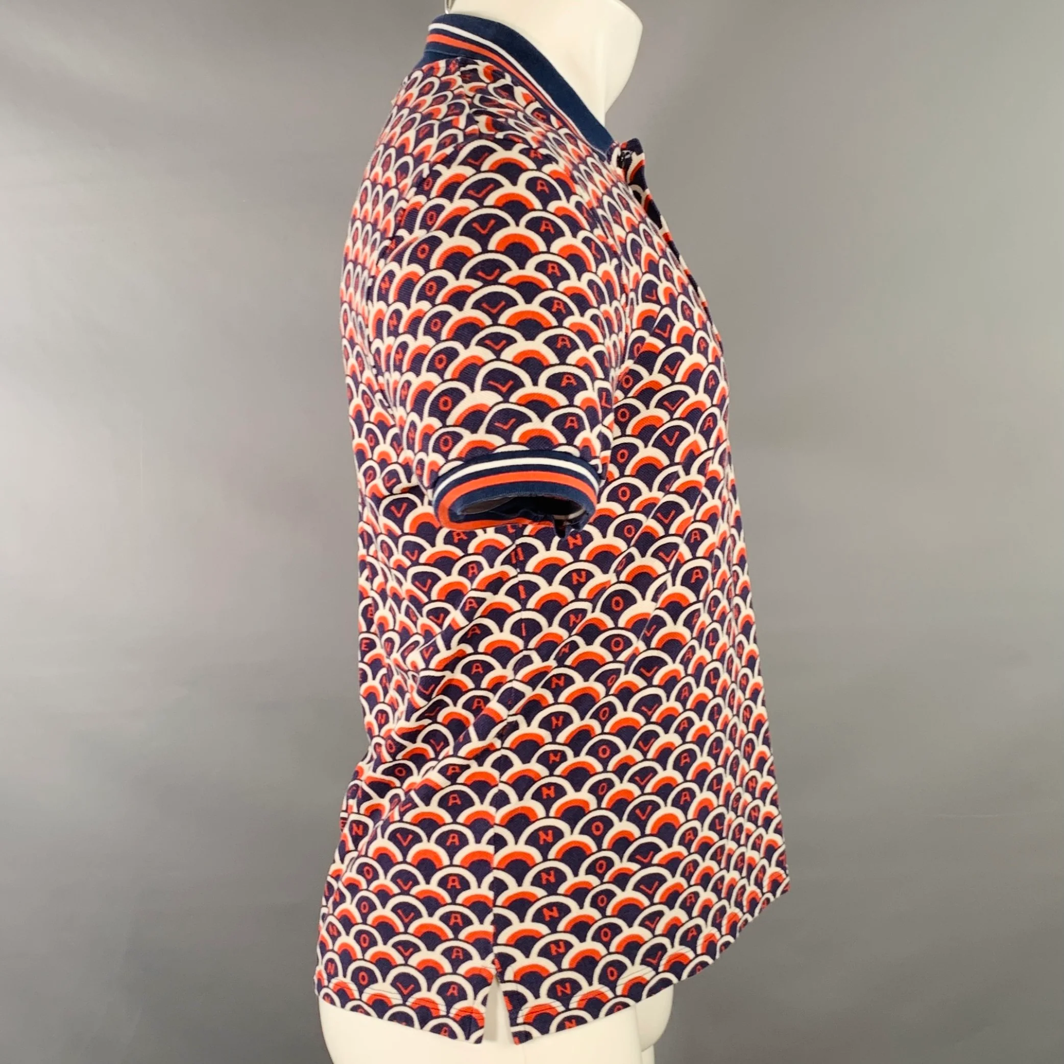 VALENTINO Size M Navy Orange White Fishscale Logo Cotton Pique Buttoned Polo - Image 3