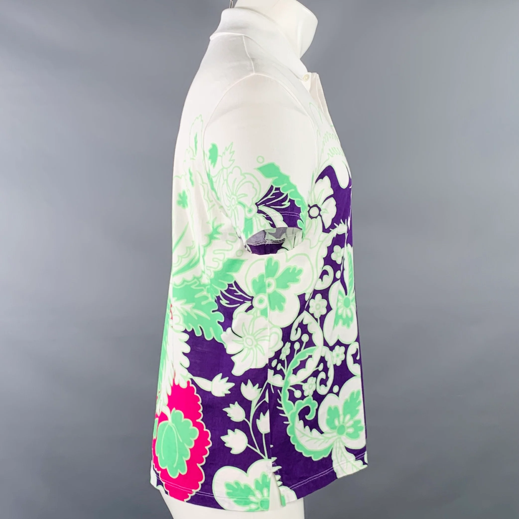 VALENTINO Size M White Purple Green Abstract Floral Print Cotton Buttoned Polo - Image 3