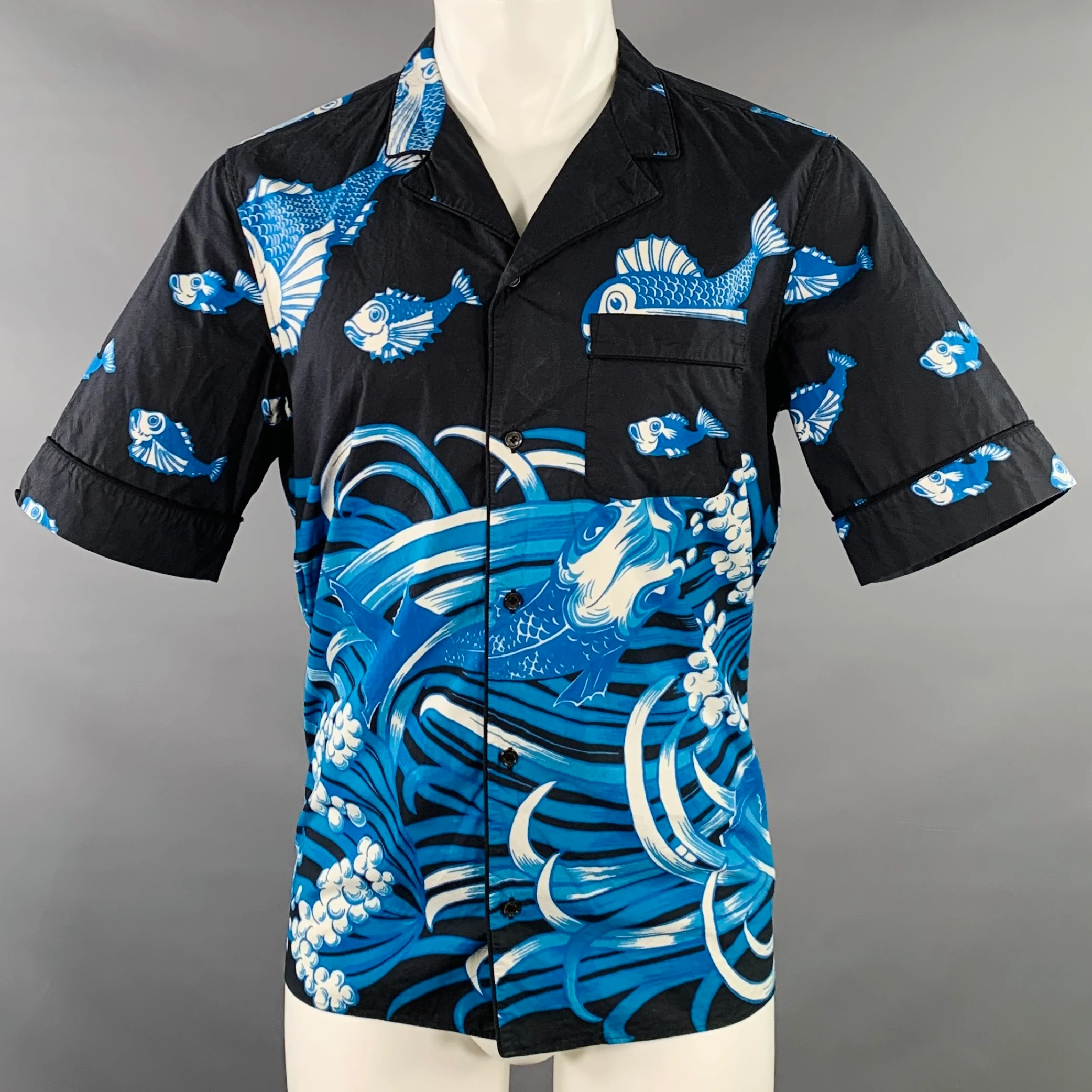 VALENTINO Size S Black White Blue Koi Fish Cotton One Pocket Camp Short Sleeve Shirt