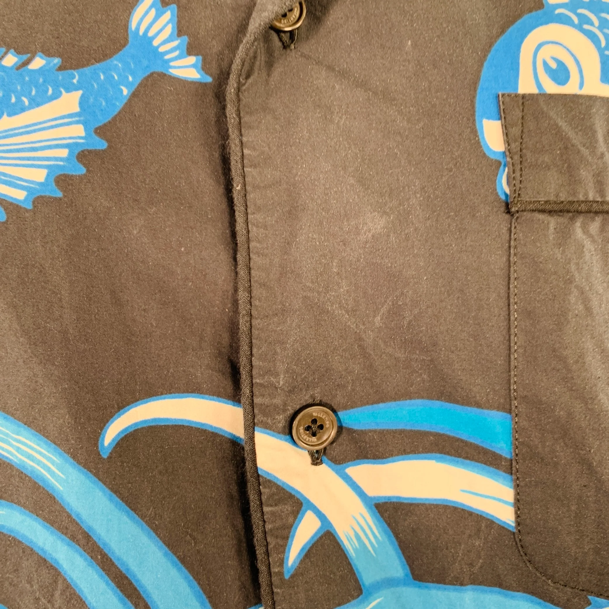 VALENTINO Size S Black White Blue Koi Fish Cotton One Pocket Camp Short Sleeve Shirt - Image 7