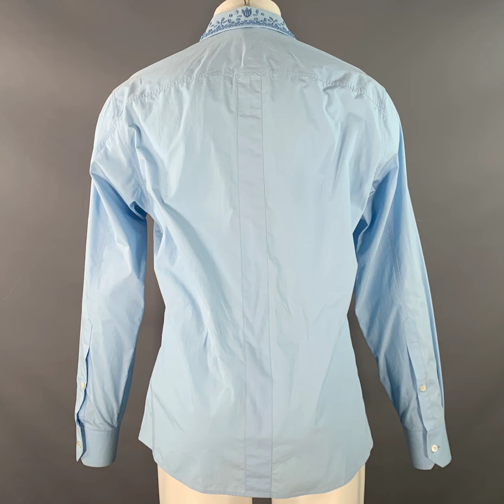 VALENTINO Size S Blue Beaded Embroidery Cotton Tuxedo Long Sleeve Shirt - Image 4