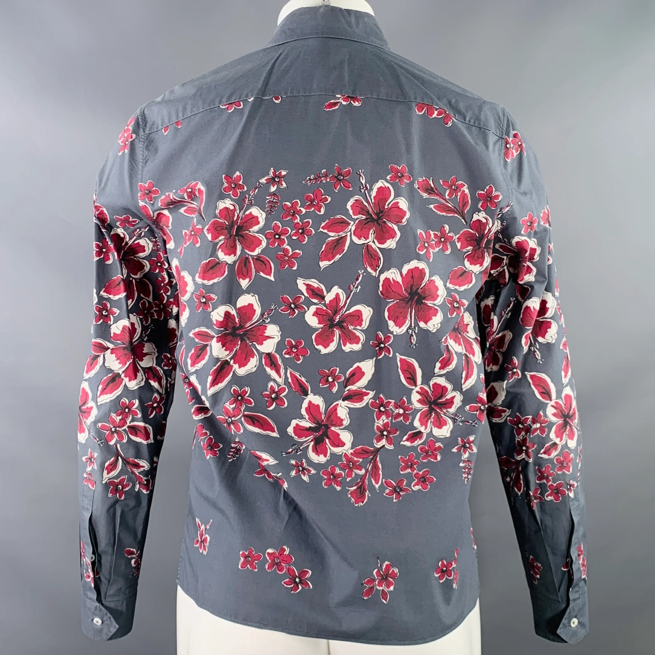 VALENTINO Size S Grey Magenta Floral Cotton One Pocket Button Up Long Sleeve Shirt - Image 4