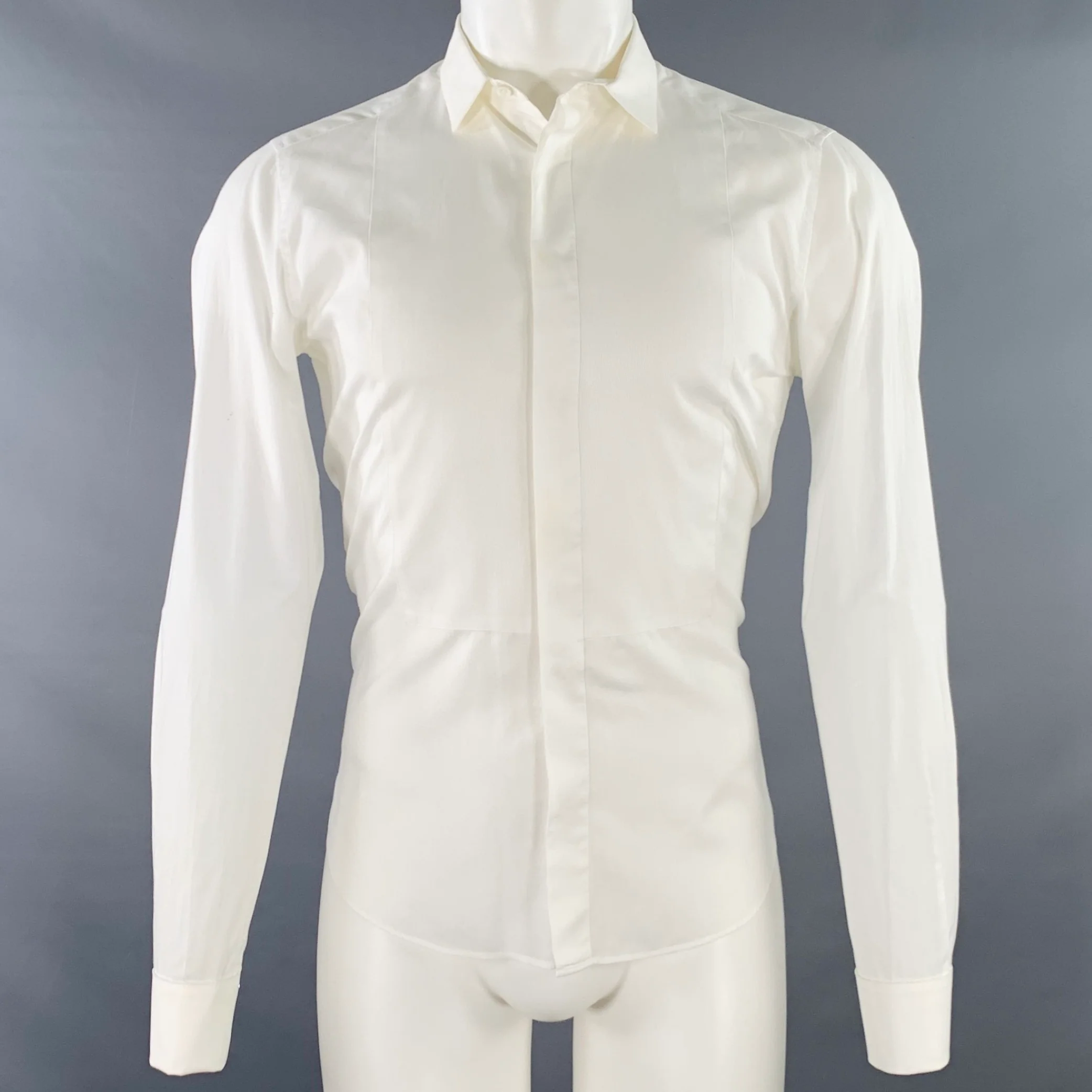 VALENTINO Size S White Cotton French Cuff Hidden Buttons Tuxedo Long Sleeve Shirt