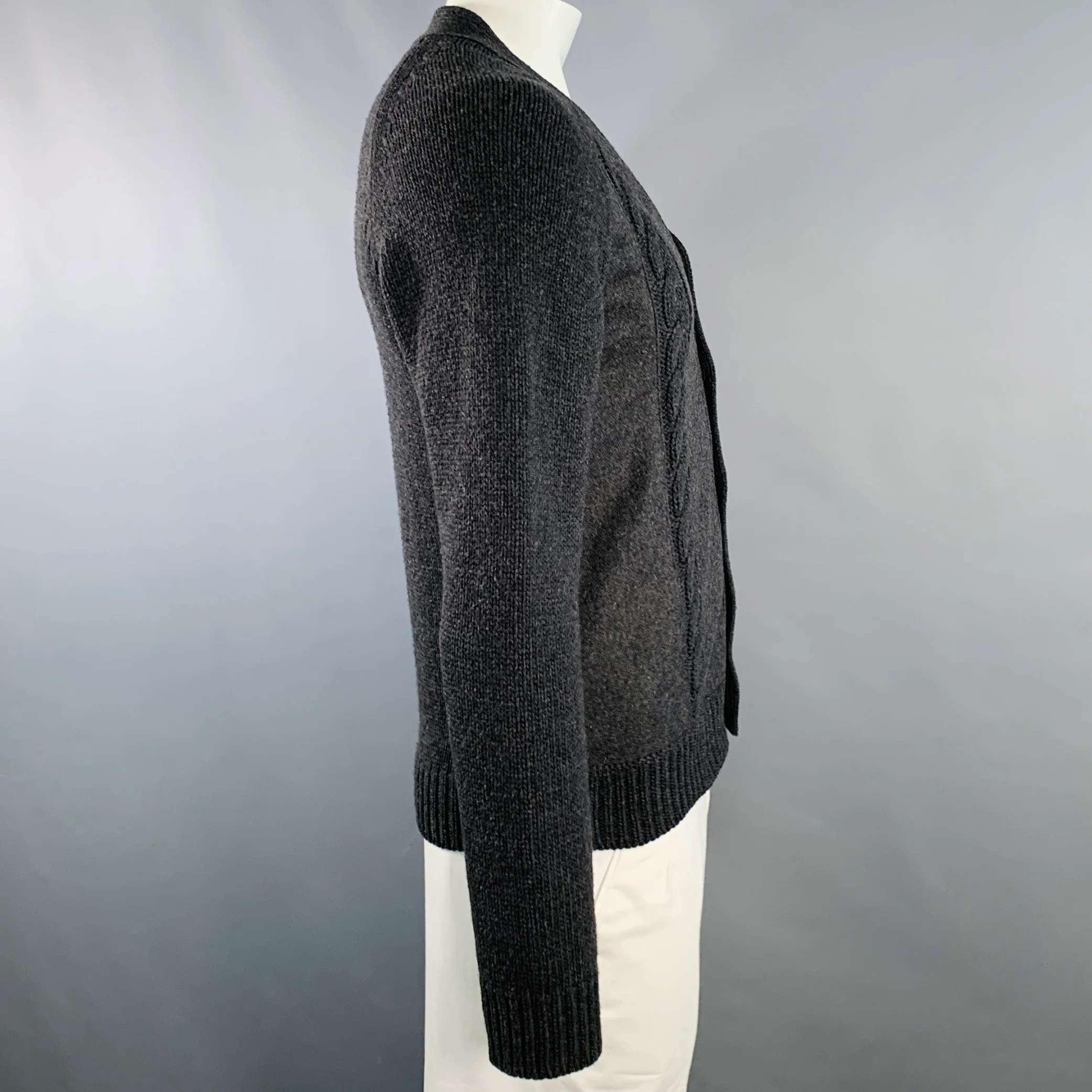 VALENTINO Size XL Charcoal Grey Cable Knit Virgin Wool Cashmere Cardigan - Image 3