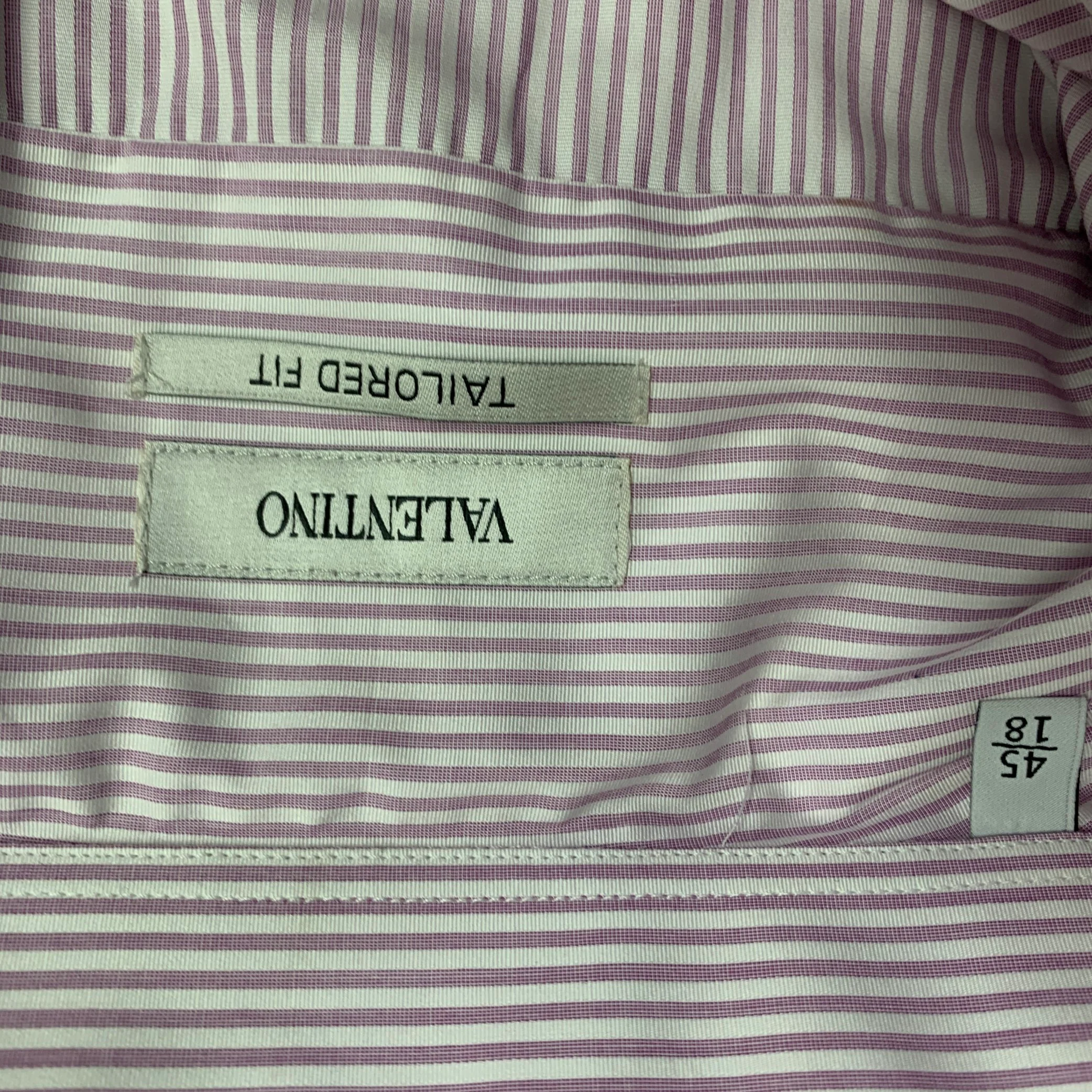 VALENTINO Size XL White Lilac Stripe Cotton Curved Cutaway Long Sleeve Shirt - Image 6