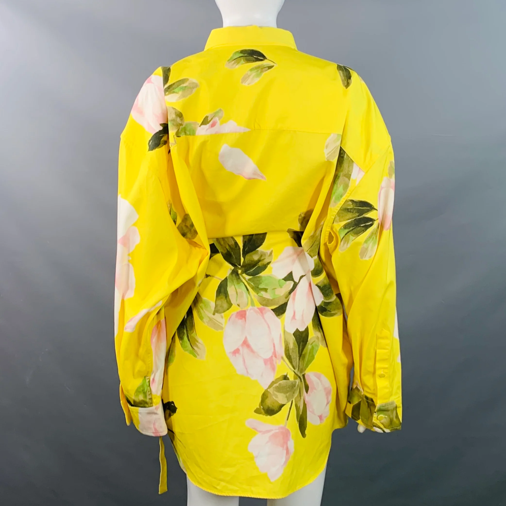 VALENTINO SS21 Size M Yellow Multi Color Cotton Silk Floral Belted Oversized Shirt Dress - Image 4