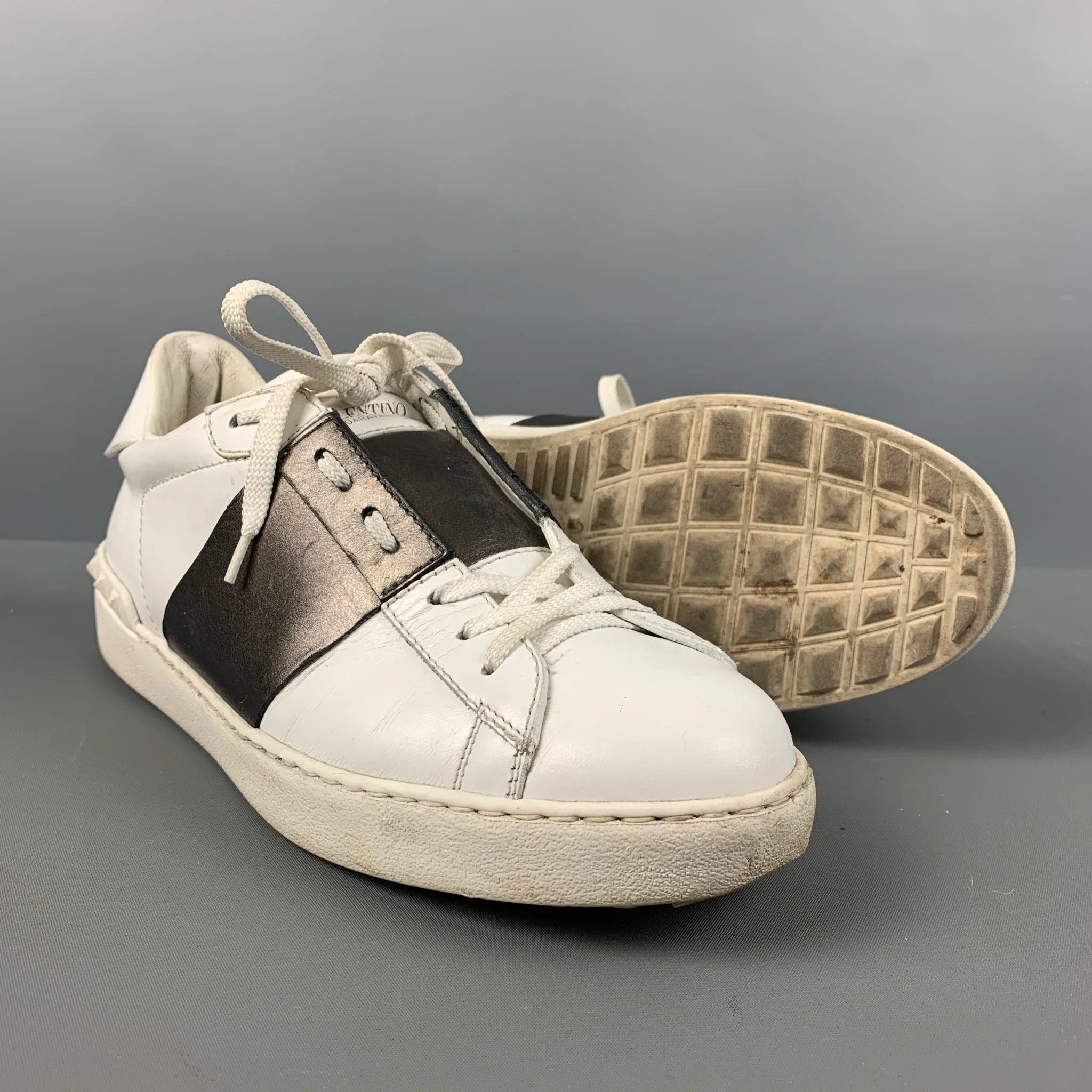 VALENTINO 'White Marine' Size 7 White Gold Studded Suede Sneakers - Image 5