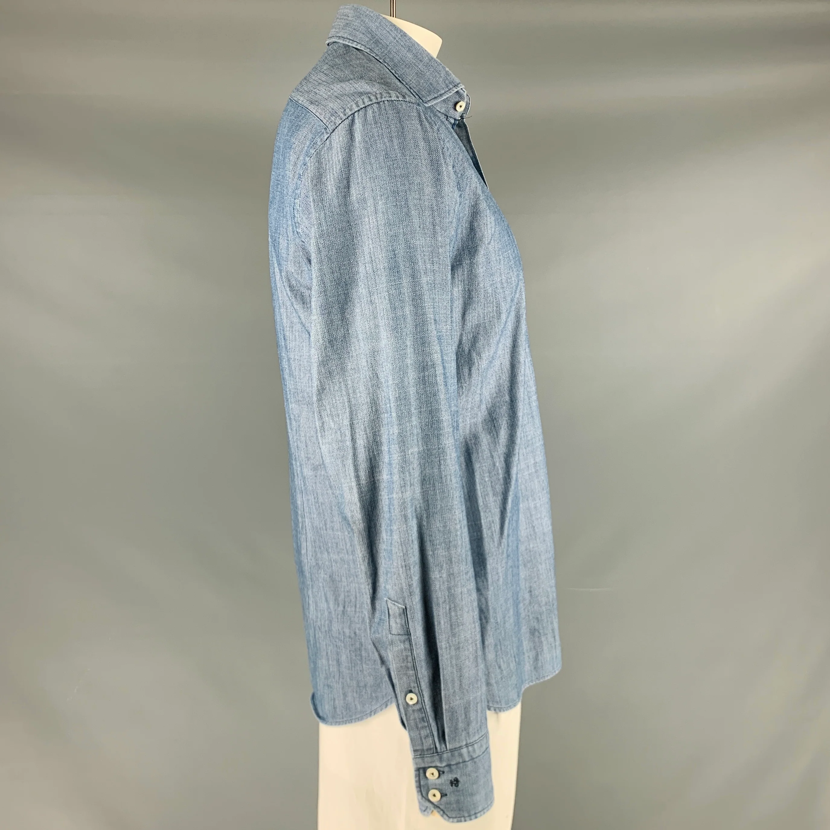 VAN LAACK Size L Blue Herringbone Cotton Long Sleeve Shirt - Image 3