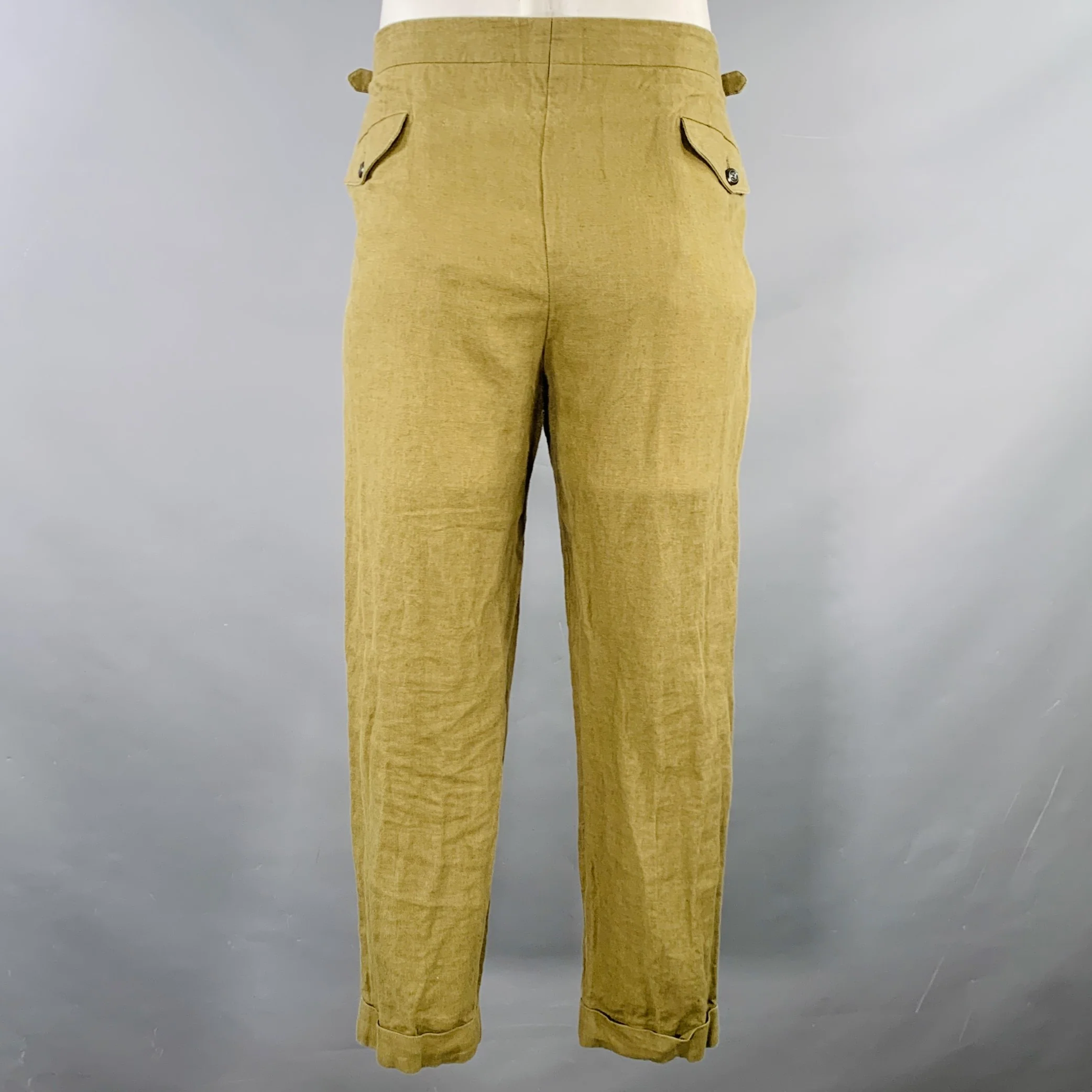 VELASCA Size 38 Green Olive Linen Pleated Dress Pants - Image 2