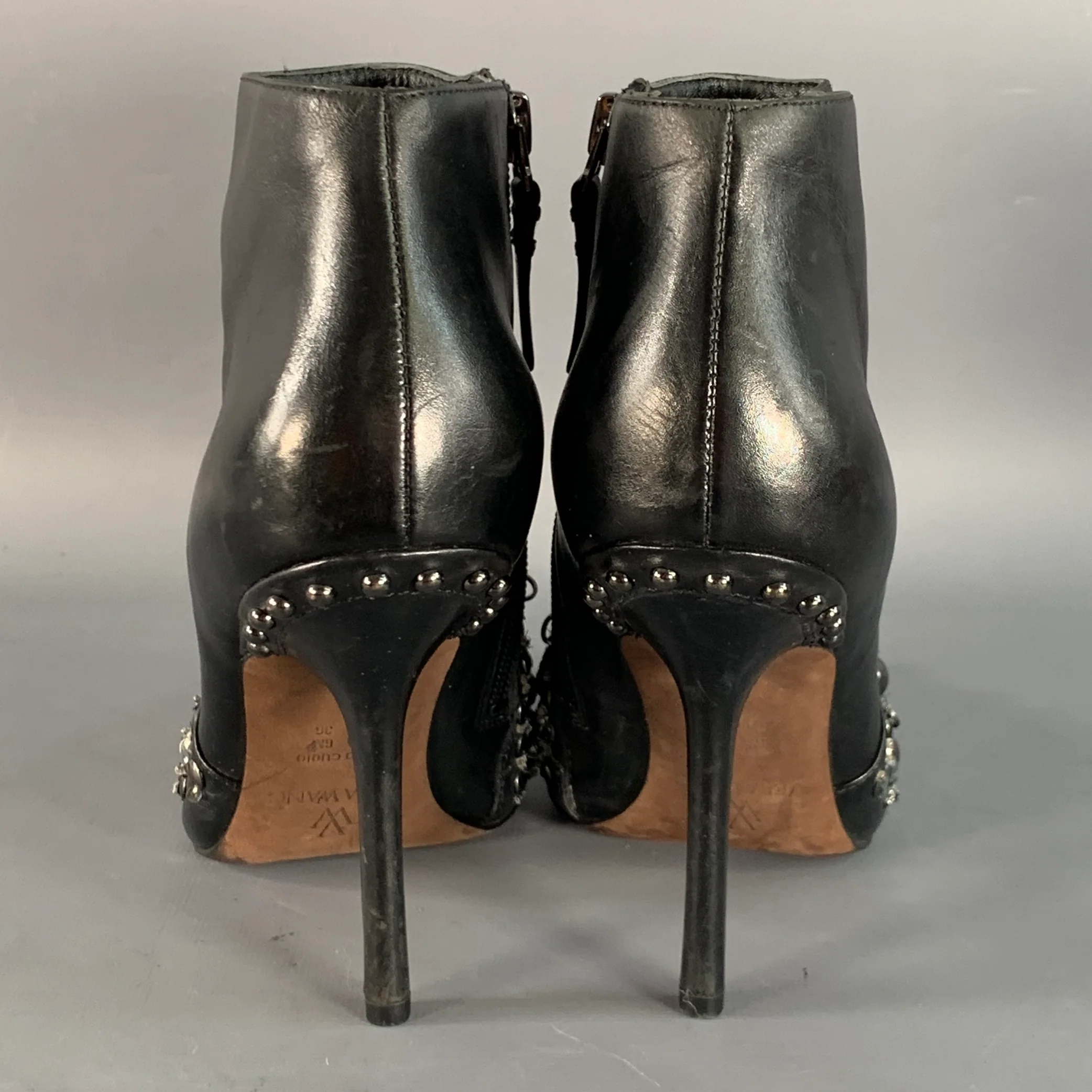 VERA WANG Size 6 Black Leather Studded Side Zipper Stiletto Boots - Image 3
