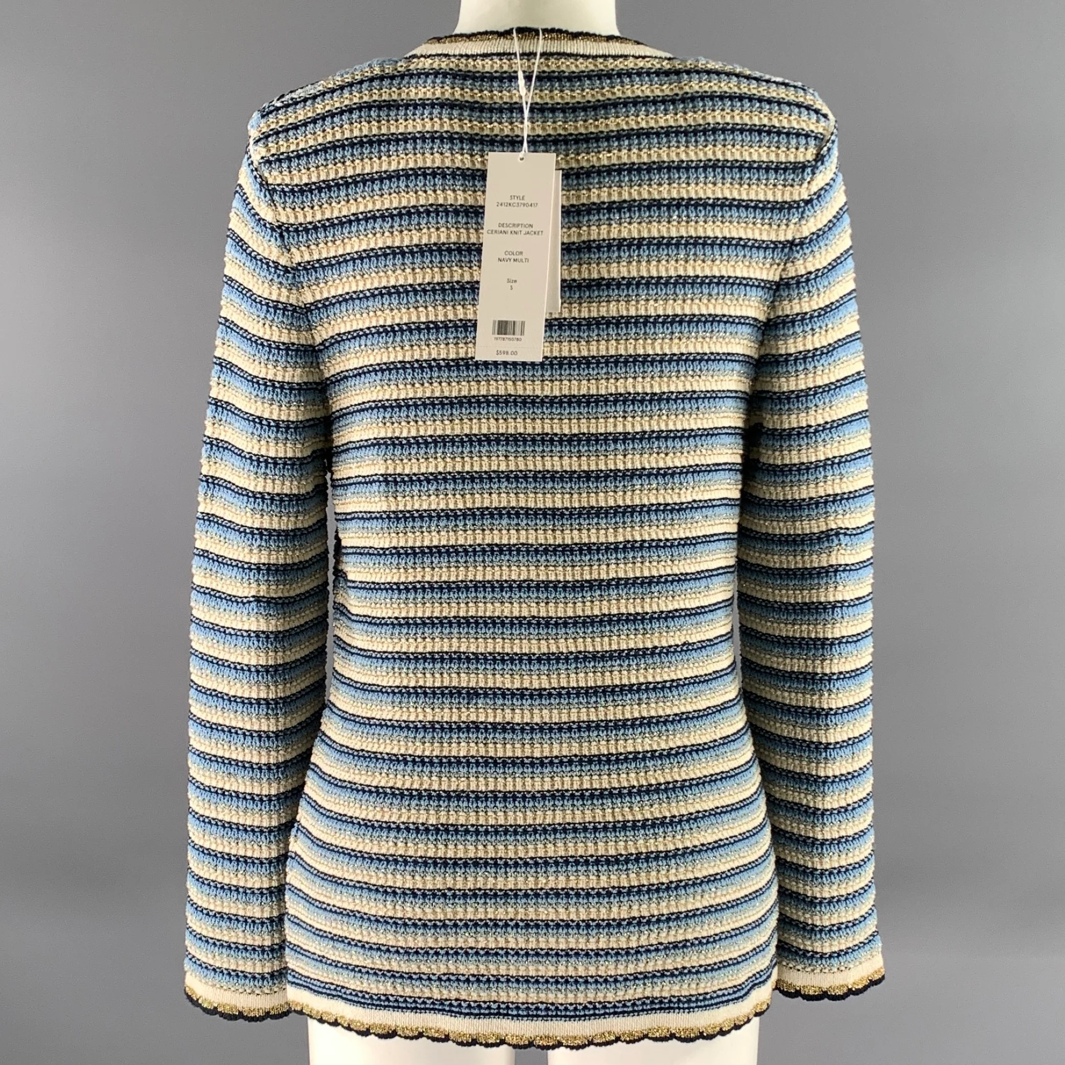 VERONICA BEARD Size S Blue White Gold Stripe Cotton Polyamide Cardigan - Image 4