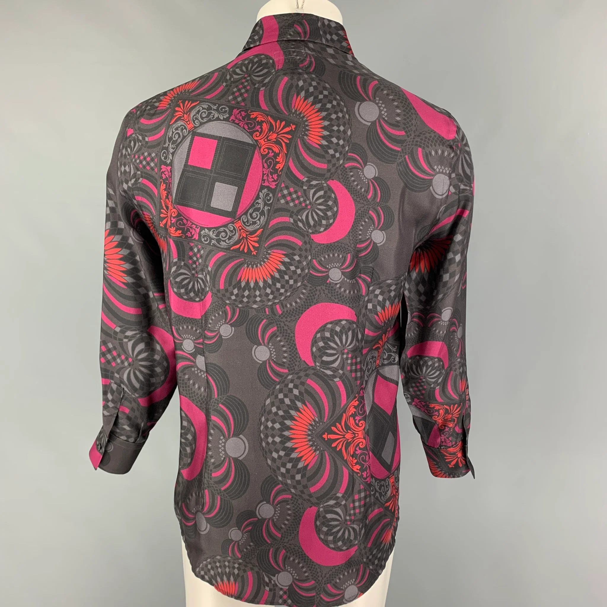 VERSACE COLLECTION Size S Dark Gray Magenta Print Silk Long Sleeve Shirt - Image 3
