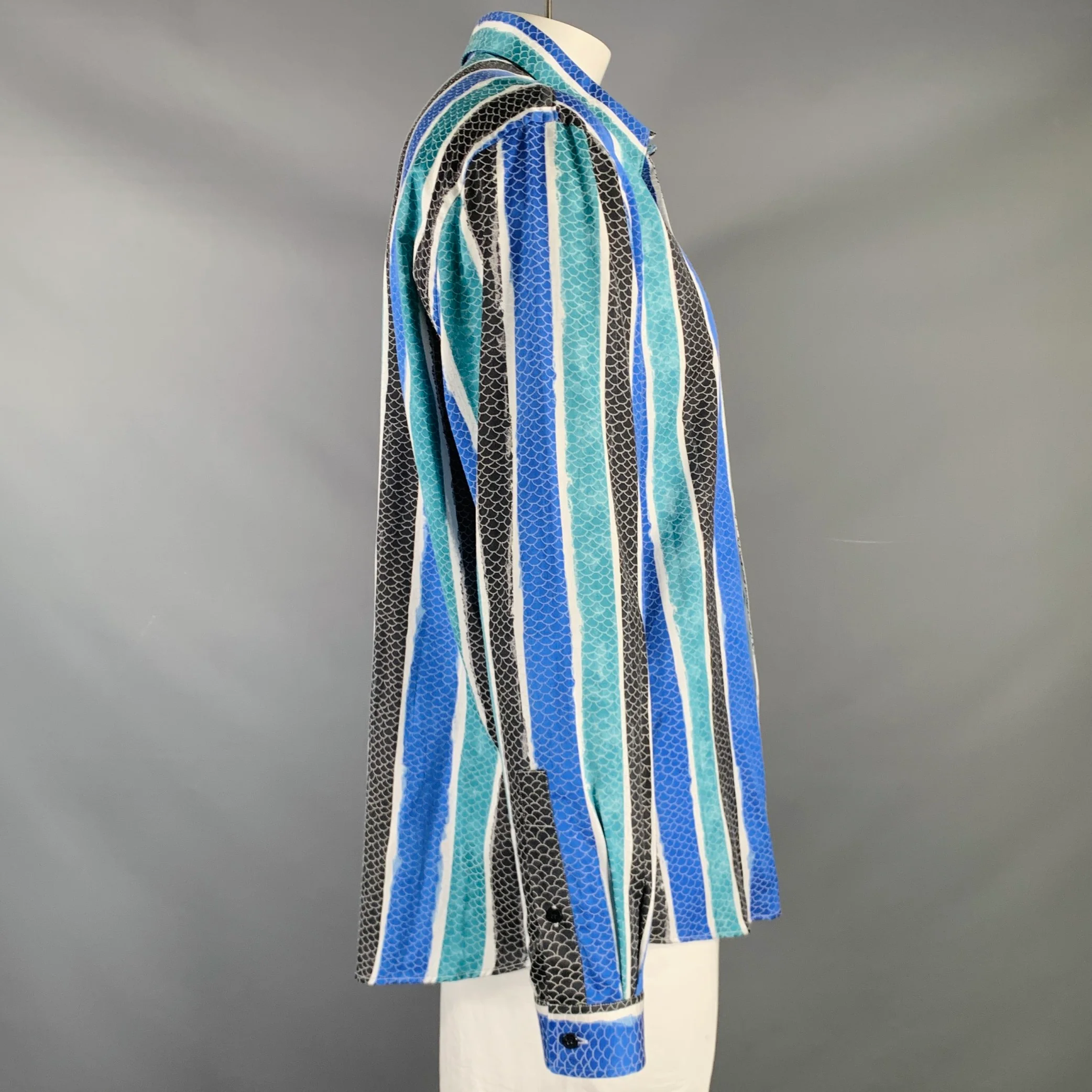 VERSACE COLLECTION Size XL Black White Blue Green Stripe Long Sleeve Shirt - Image 3