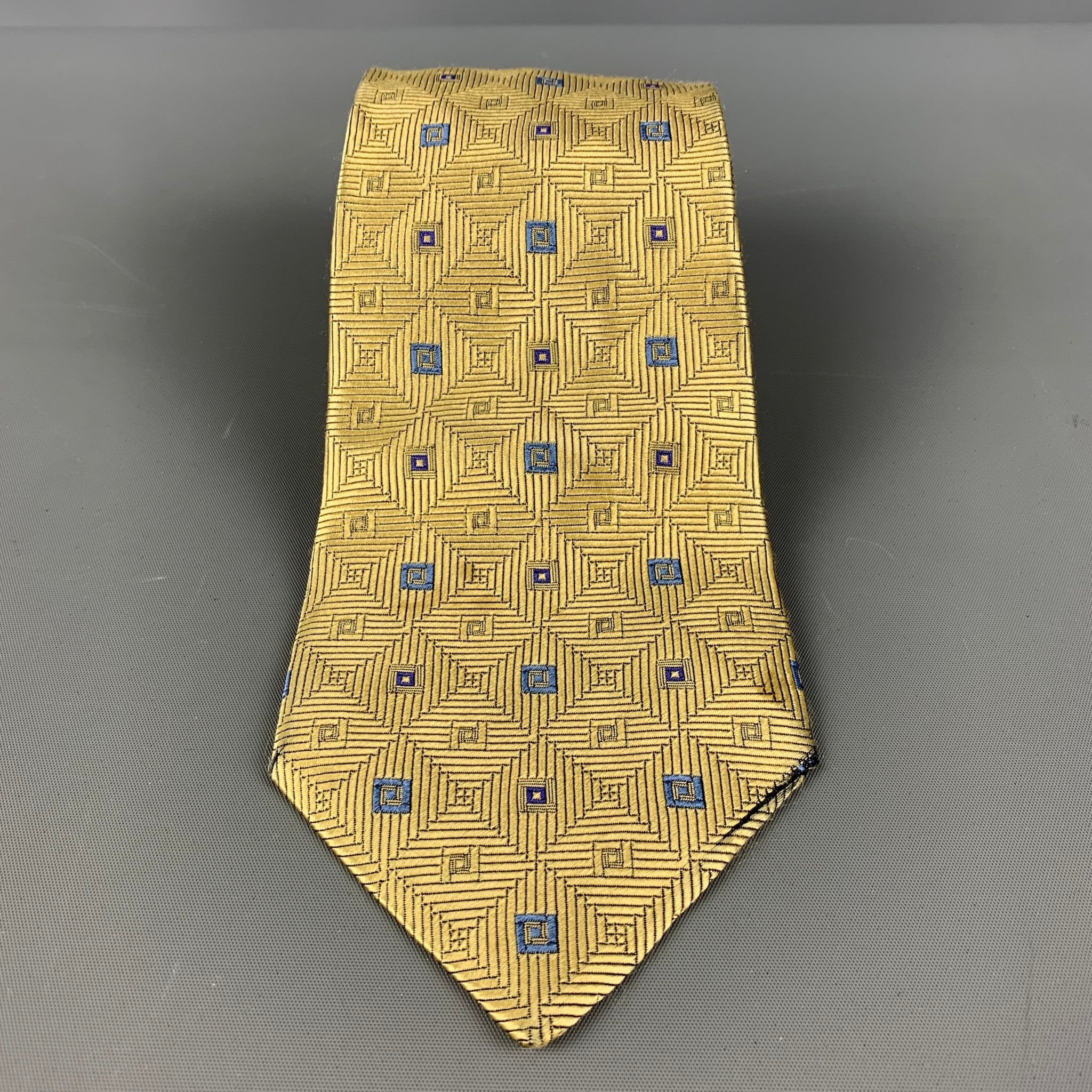 VERSACE Gold &  Blue Squares Silk Tie - Image 2