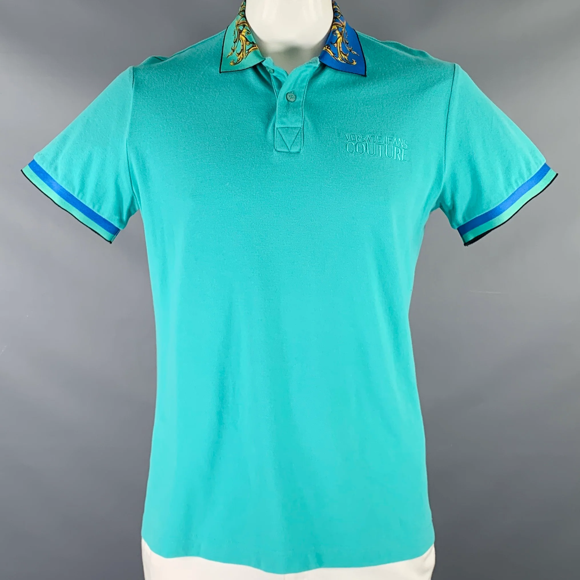 VERSACE JEANS COUTURE Size L Turquoise Blue Green Baroque Knit Polo