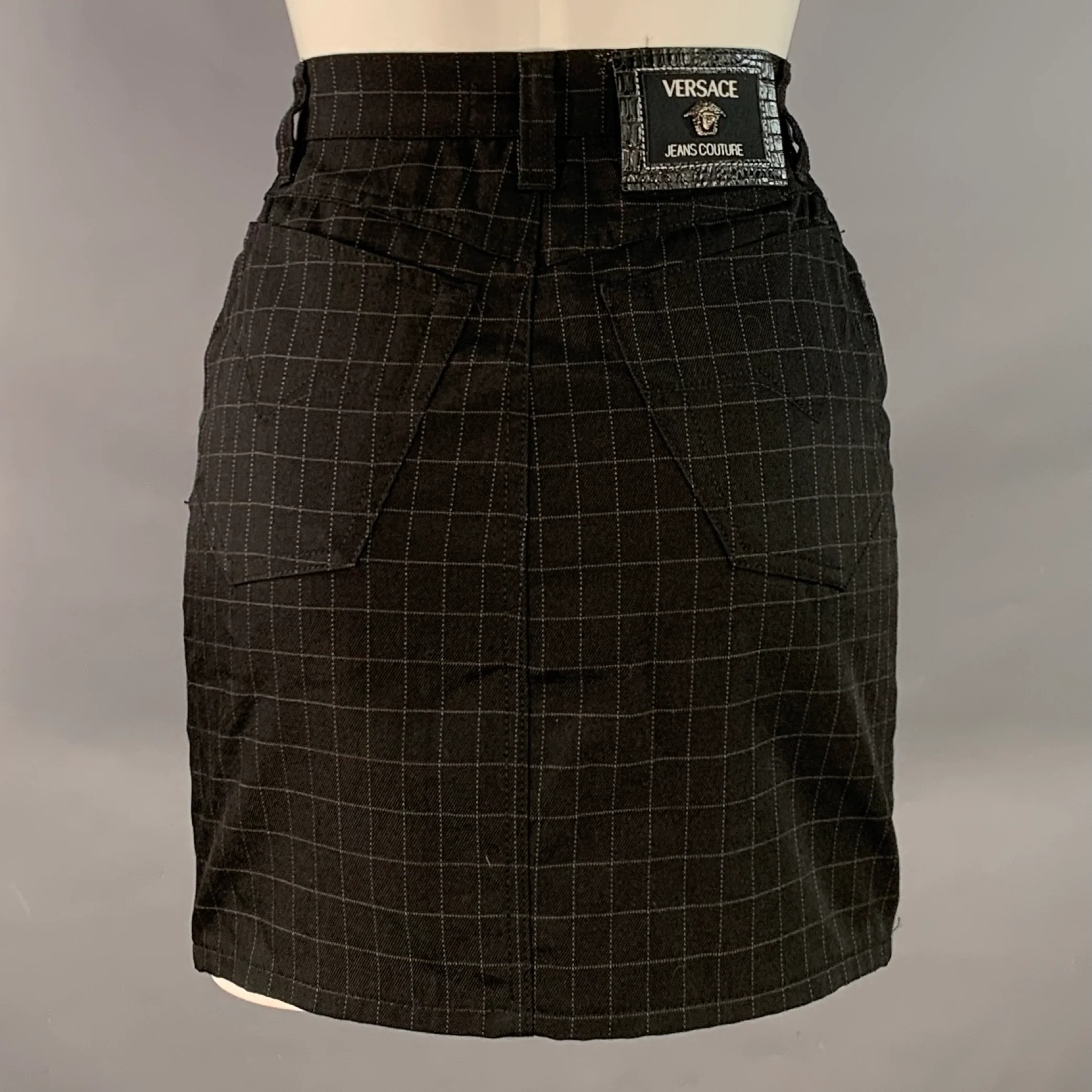 VERSACE JEANS Size 24 Black Grey Wool Blend Windowpane A-Line Mini Skirt - Image 2