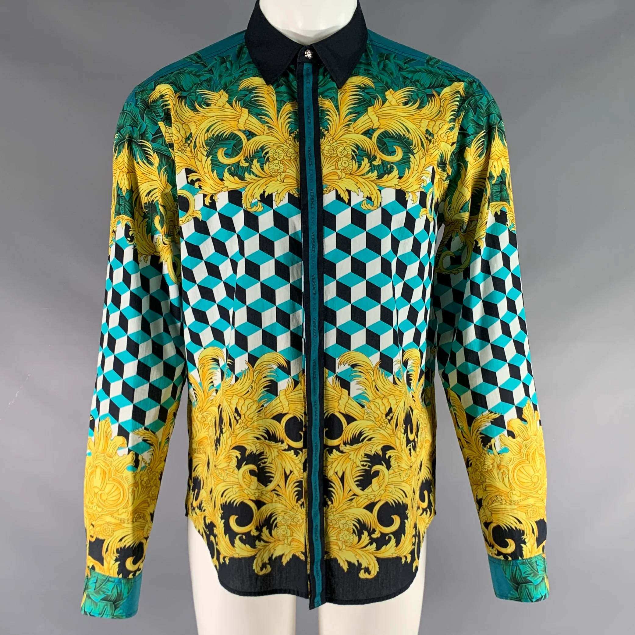 VERSACE JEANS Size S Green Gold Print Cotton Button Up Long Sleeve Shirt