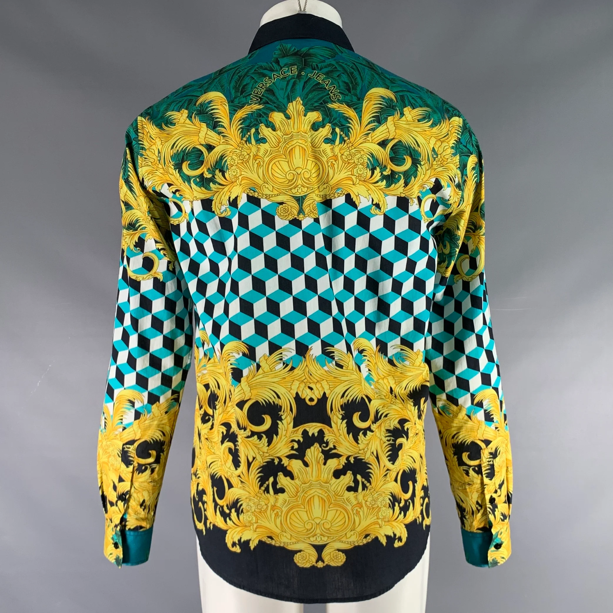 VERSACE JEANS Size S Green Gold Print Cotton Button Up Long Sleeve Shirt - Image 3