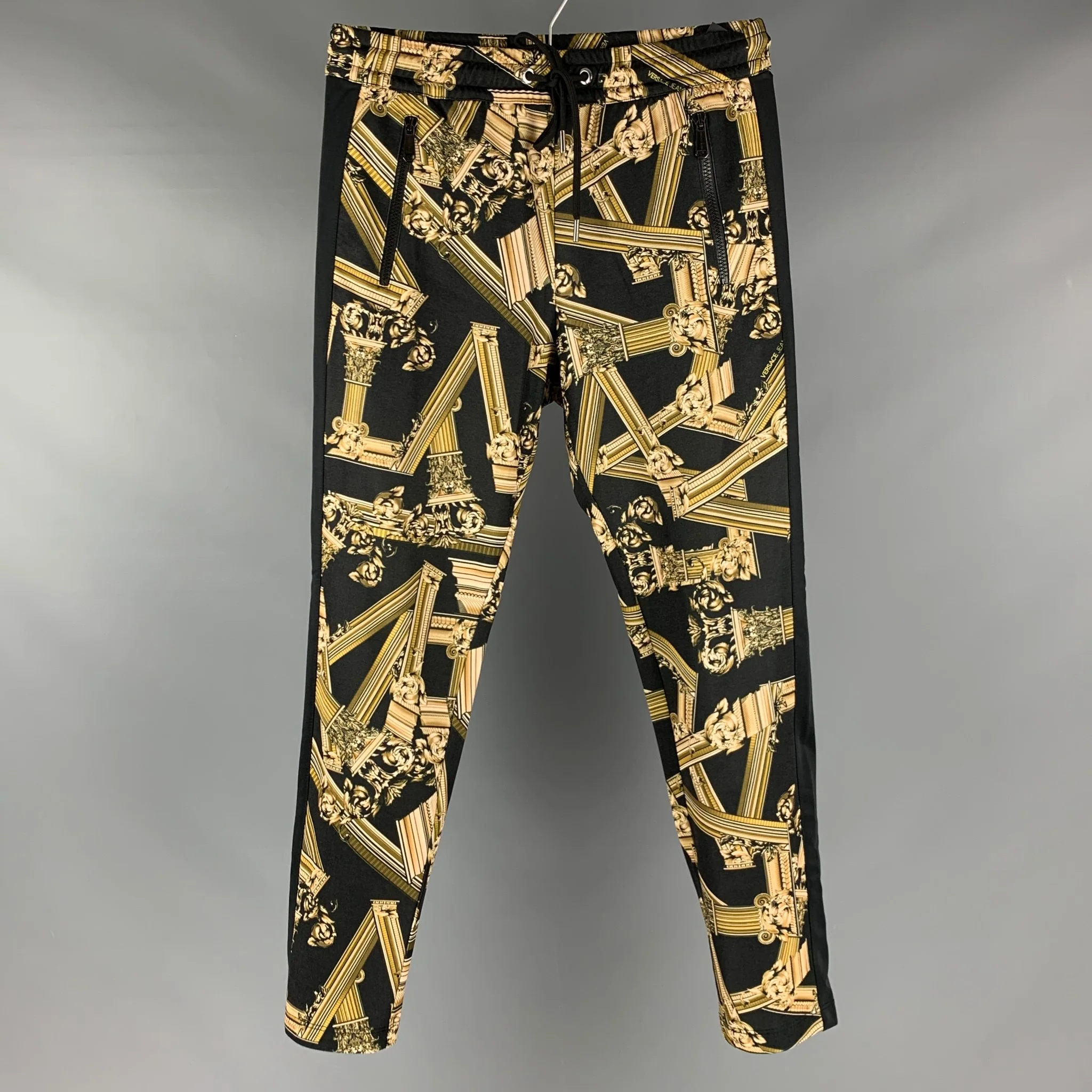 VERSACE JEANS Size XS Black Gold Print Cotton Polyester Casual Pants