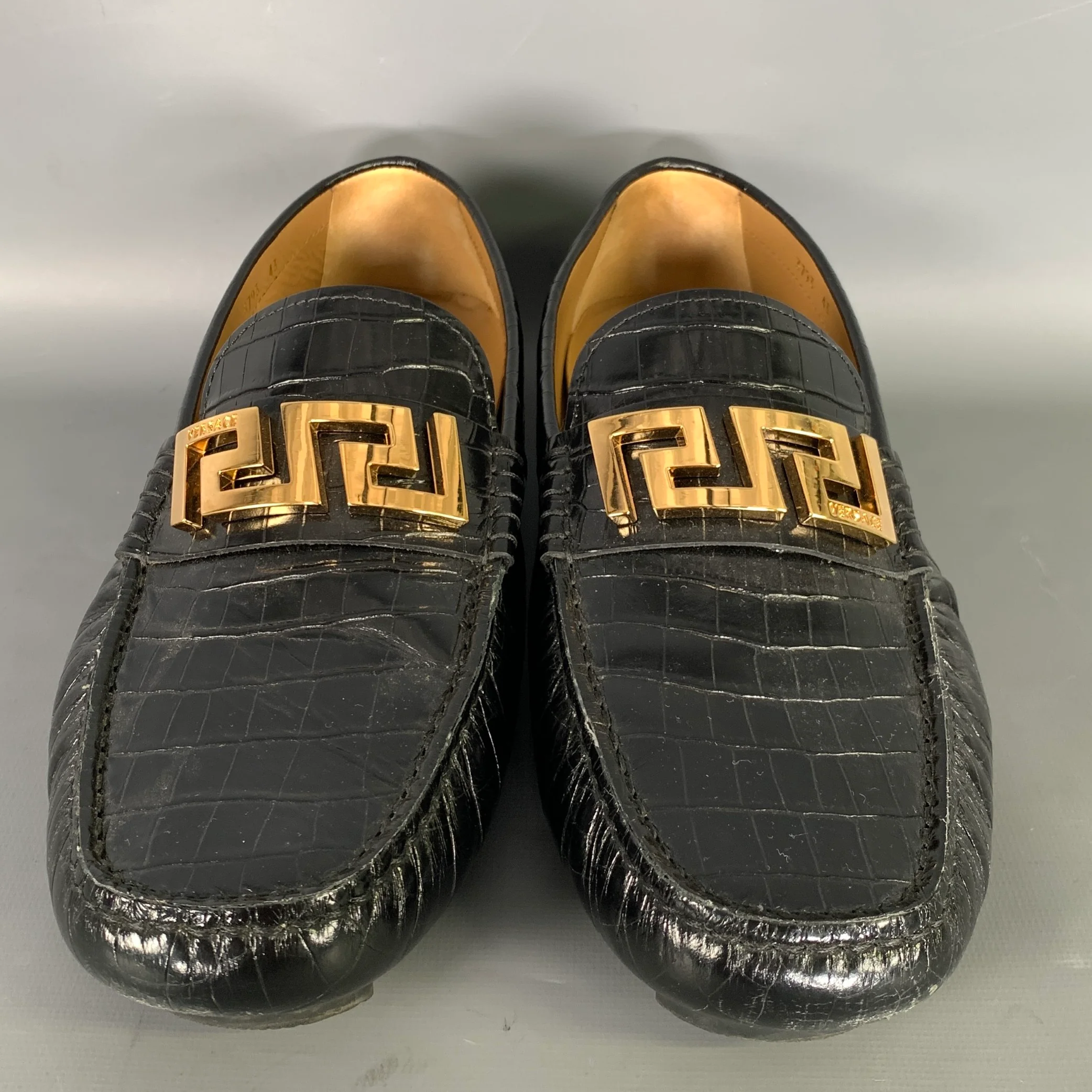 VERSACE Size 10 Black Gold Embossed Leather Slip On Loafers - Image 4